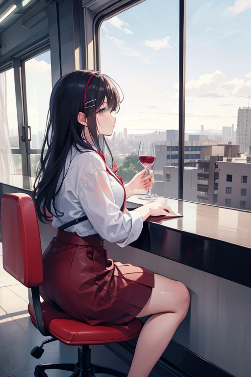 women sitting on a chair drinking wine, big window is behind showing amazing view of a city, side view