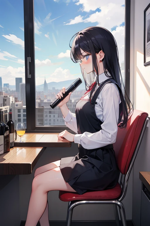 women sitting on a chair drinking wine, big window is behind showing amazing view of a city, side view