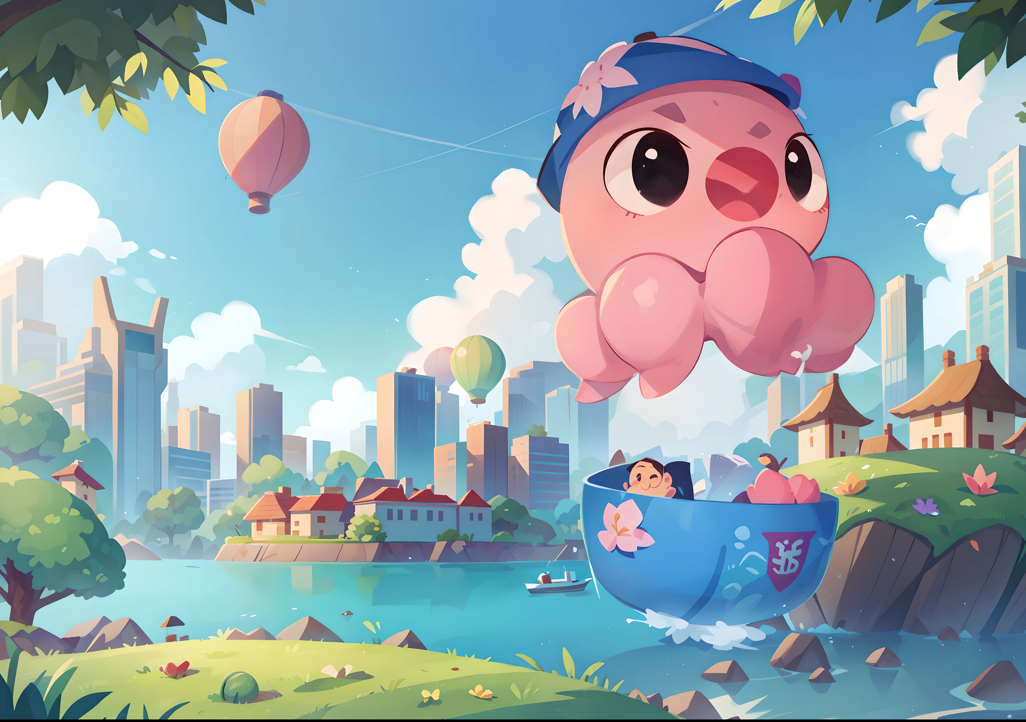 lakeside,stans,a plant,blue-sky,baiyun,High-rise buildings in the distance,The Car,hot air balloon,Boat,Planes