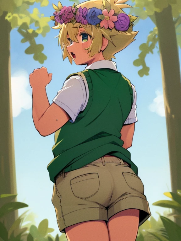 (best quality,4k,8k,highres,masterpiece:1.2),ultra-detailed,portraits,cute,blonde-haired boy with a head flower,green-haired boy with a head wreath,tan shorts, white shirt, sweater vest, overall shorts, from behind,plump ass,ass focus,pulling shorts down,exposing self,