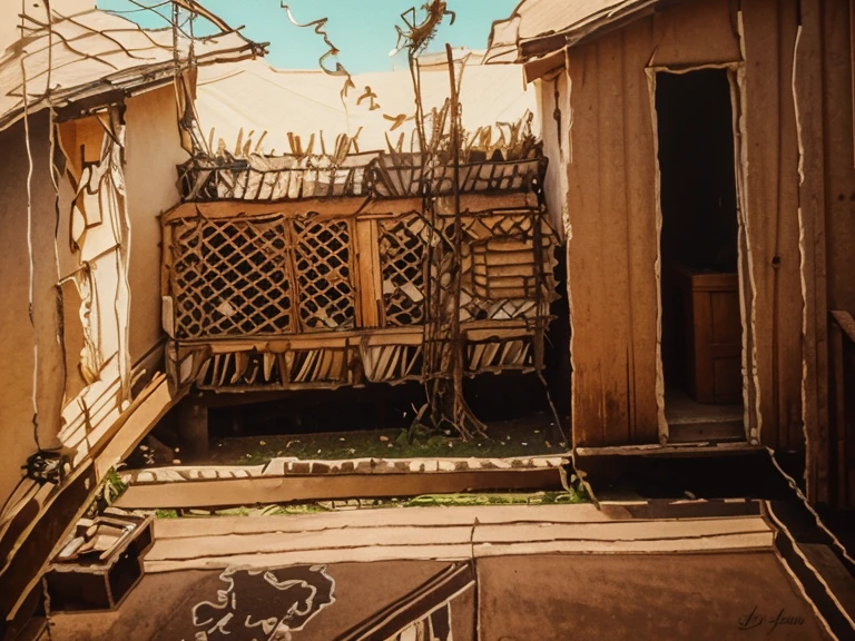 Landscape photography, realistic image, a conner of garden, with chicken house and tree, the left is Vietnam's wooden house