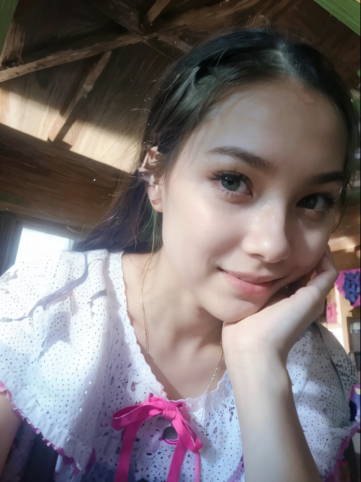 Her hair was black and no change in photo creation,she is looking at the camera with a ((cute smile)),((netural beauty)),((smooth skin))((master peice)),((light green walls)),and ((white ceiling)),indoor short.The girl takes pictures in the room,10k,photorealstic.