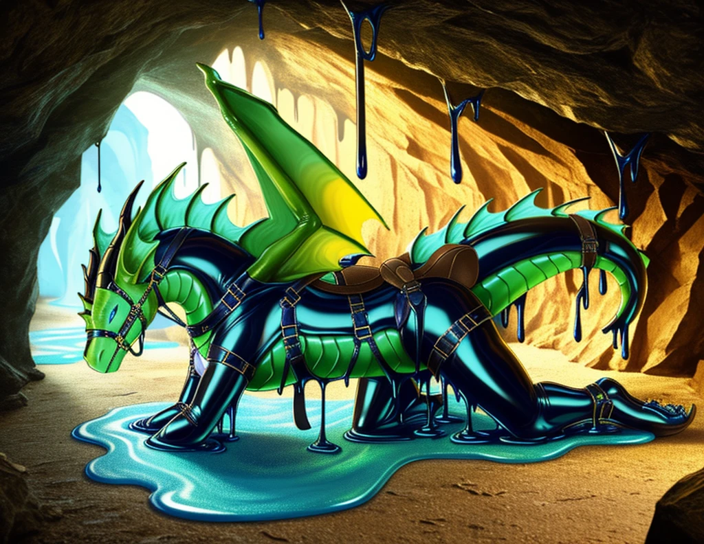 a photorealistic HD cg closeup render of a woman morphing into a latex dragon as a cursed dragon tack wraps around her body, cyan and white with spearmint accents, human latex dragon hybrid, wearing dragon's saddle, harness, bridle, and mithril plate armor, inside abandoned stall in subterranean dragon aerie cave, heavy armor, human morphing into latex rubber goo dragon, latex goo coating