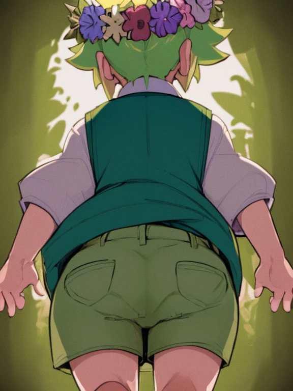 (best quality,4k,8k,highres,masterpiece:1.2),ultra-detailed,portraits,cute,blonde-haired boy with a head flower,green-haired boy with a head wreath, white shirt, sweater vest, overall shorts, from behind,plump ass,ass focus,pulling shorts down,exposing self,