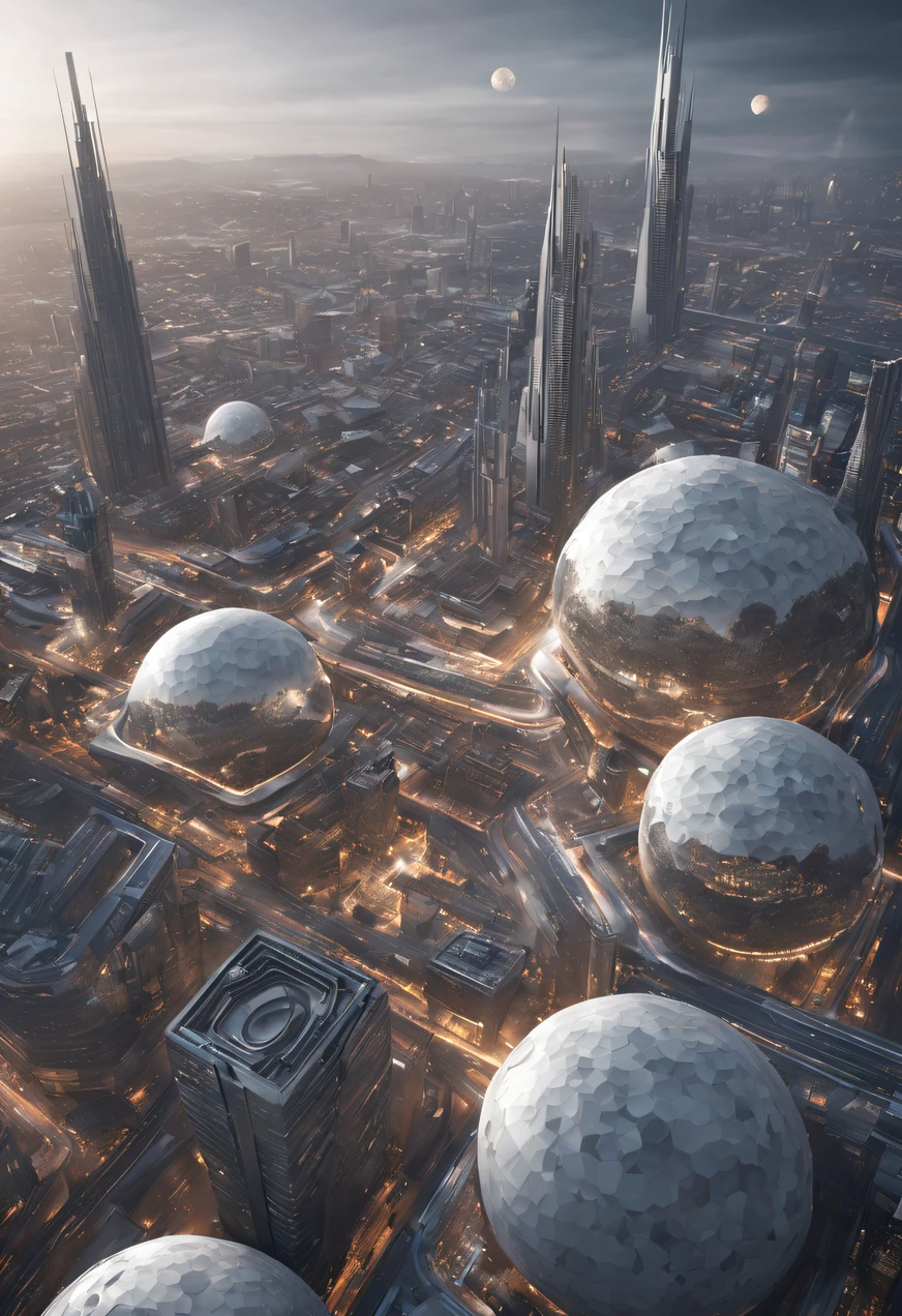 Imagine a futuristic cityscape on the moon, characterized by a striking palette of all white and gray shades. Envision the architectural marvels, with buildings taking on unique shapes such as spheres and domes. Picture these structures seamlessly blending with the lunar landscape, creating a harmonious and otherworldly city. Capture the interplay of light and shadow on the lunar surface, with futuristic buildings casting geometric patterns as they reflect the subdued moonlight. This city represents a vision of advanced technology and innovative design, establishing a breathtaking lunar metropolis that harmonizes with the celestial surroundings.Realistic fantasy rendering,By Chasbio,epic and stunning,archviz,Epic architecture,concept-art。 modern futuristic design,Huge cities in space,Futuristic city landscape,Realistic beehive architecture. from far away, ultra wide angle. Horizon is visible far away, and partial earth visible in sky. bird's eye view