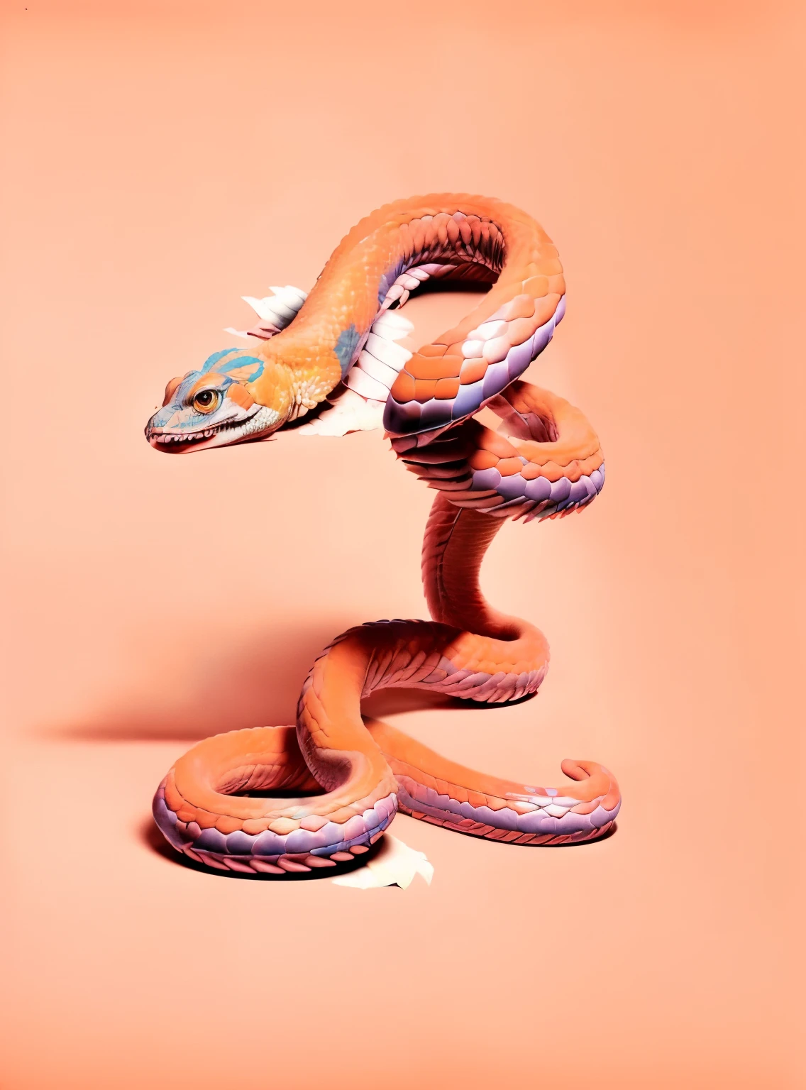 sharp detailed image resolution, showing renaissance painting, leonado, full size of an orange-pink snake, blue background