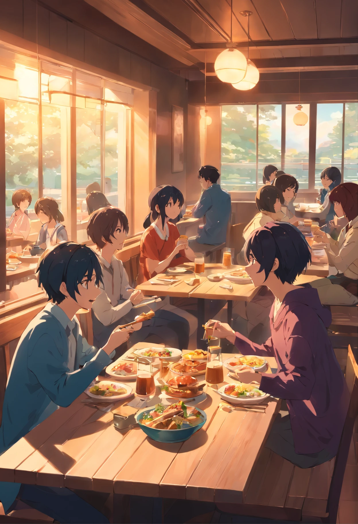 There are many people sitting at the table eating and drinking, dining room,celebrating, Warm and joyful atmosphere(1.2), High quality photos, A group of people sitting at the table, 4K, people are eating,