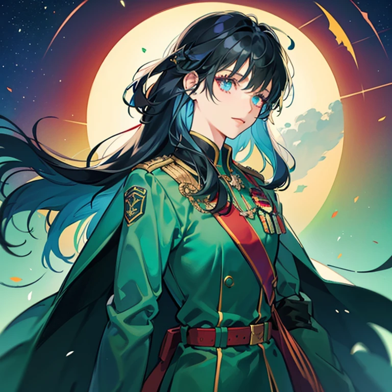 A girl with long black hair wearing a red and green military uniform,Blue inner color for hair,Has bangs,Eyes are blue,Glowing blue eyes,red military uniform with green cape,Beauty,A slight smil