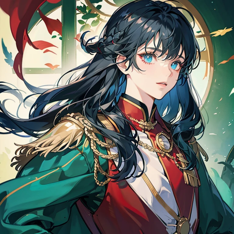 A girl with long black hair wearing a red and green military uniform,Blue inner color for hair,Has bangs,Eyes are blue,Glowing blue eyes,red military uniform with green cape,Beauty,A slight smil