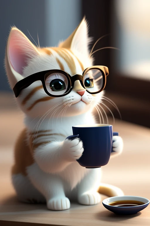 Kitten with a glass and coffee on the table, a cat sipping coffee, cute 3d render, adolableデジタルアート, Lovely digital painting, Cute detailed digital art, Cuteness, the cat is drinking tea, fanart, avatar image, Artist Rendering, Artist Rendering, Cute cat, Knowing cats, imagem hiperrealista, Cute! C4D, adolable, cute animal