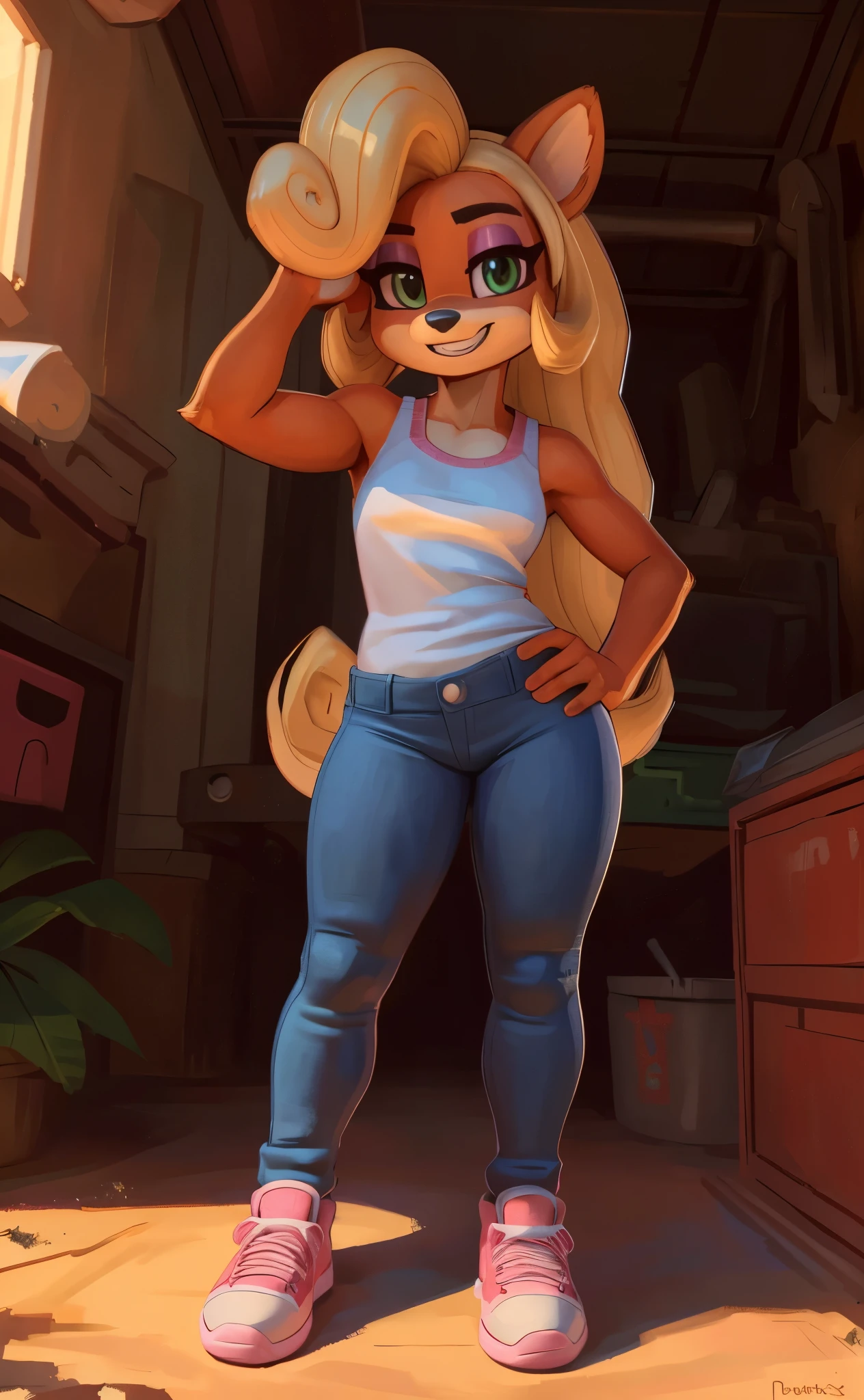 [Coco bandicoot], [Uploaded to e621.net; (Pixelsketcher), (wamudraws)], ((masterpiece)), ((HD)), ((solo portrait)), ((full body)), ((front view)), ((feet visible)), ((furry; anthro)), ((detailed fur)), ((detailed shading)), ((beautiful render art)), ((intricate details)), {anthro; orange fur, black nose, (cute green eyes), (short eyelashes), (pink eyeshadow), (long blonde curly hair), (curvy hips), (beautiful legs), (blushing), (cute grin)}, {(white tank top pink lining), (tight jeans), (pink sneakers)}, {(standing), (hand on hip), (hand on head), (looking at viewer)}, [background; (tropical forest), (garage), (workbench), (blue sky), (ambient lighting)]