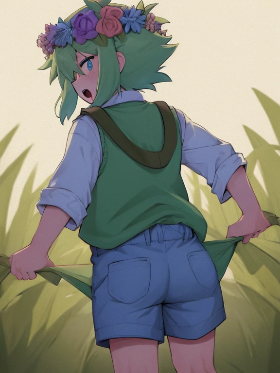 (best quality,4k,8k,highres,masterpiece:1.2),ultra-detailed,portraits,cute,blonde-haired boy with a head flower,green-haired boy with a head wreath, white shirt, sweater vest, overalls, from behind,plump ass,ass focus,pulling shorts down,exposing self,