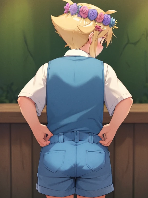 (best quality,4k,8k,highres,masterpiece:1.2),ultra-detailed,portraits,cute,blonde-haired boy with a head flower,green-haired boy with a head wreath, white shirt, sweater vest, overalls, from behind,plump ass,ass focus,pulling shorts down,exposing self,