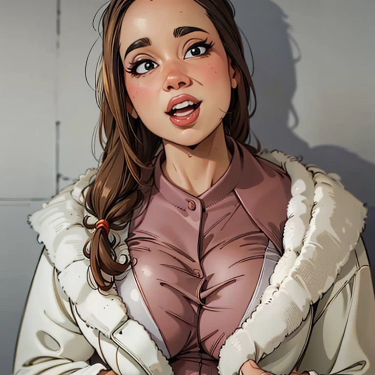 puffy woman in a white bathrobe smiling and showing off her big breasts, vestido com um manto, in robes, covered in robes, Wearing a bathrobe, clad in robes, vestindo vestes, suado 4 k, vestindo um manto branco, Seios cobertos e SFW, she is wearing a wet coat, vestindo vestes brancas!, pelo cobrindo seu peito