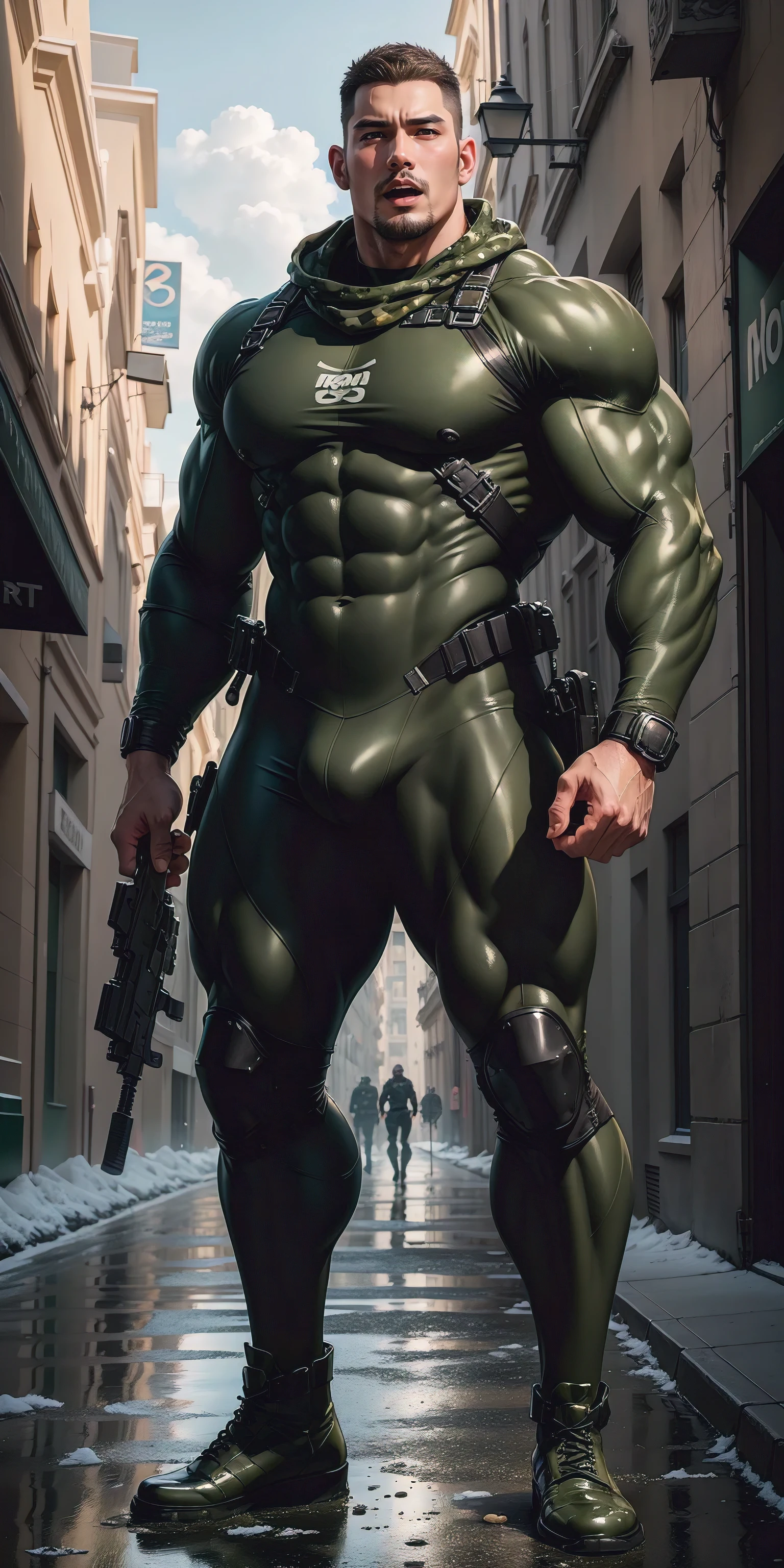 A tall, humongous large breast, Muscular man screaming with his mouth open.，Khaki camouflage uniform，character  design（Resident Evil - Chris Redfield，Chris Redfield）Wearing a khaki camouflage wetsuit，Matte texture，Regular symmetrical texture pattern，Standing on the street with octopus tentacles, Lots of slime octopus and sludge，expression sad，Deep and charming eyes，The hero with emerald pupils，heroic masculine pose，Tall and burly，musculous！Charming leg muscles，tall, Burly, and strong， Wearing a khaki camouflage wetsuit， Super gain and cool， commission for high resolution， Big feet in black boots，Charming strong man，Bright sunlight shines on the body，Matte particles with shiny texture