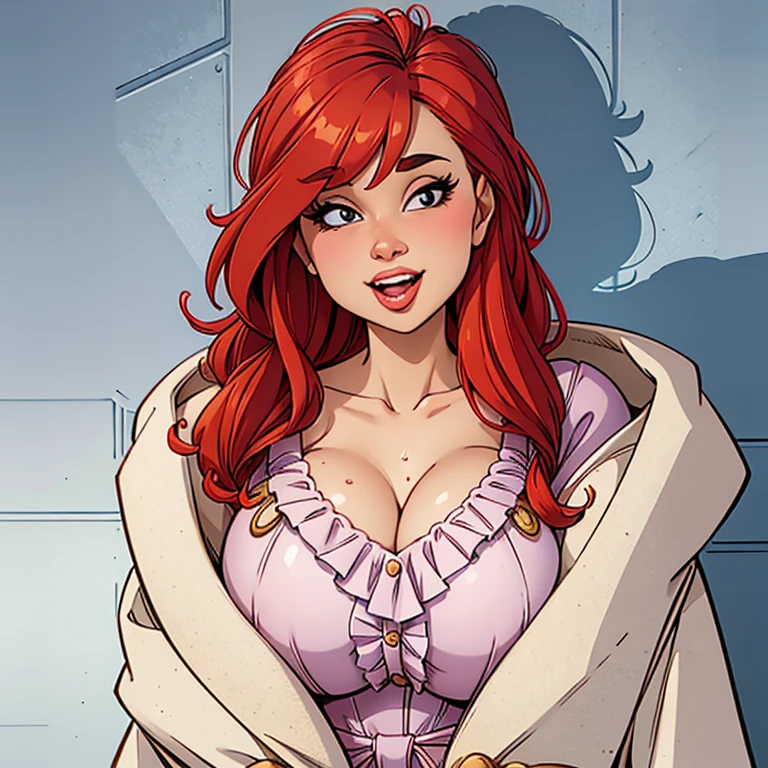 puffy woman in a white bathrobe smiling and showing off her big breasts, vestido com um manto, in robes, covered in robes, Wearing a bathrobe, clad in robes, vestindo vestes, suado 4 k, vestindo um manto branco, Seios cobertos e SFW, she is wearing a wet coat, vestindo vestes brancas!, pelo cobrindo seu peito