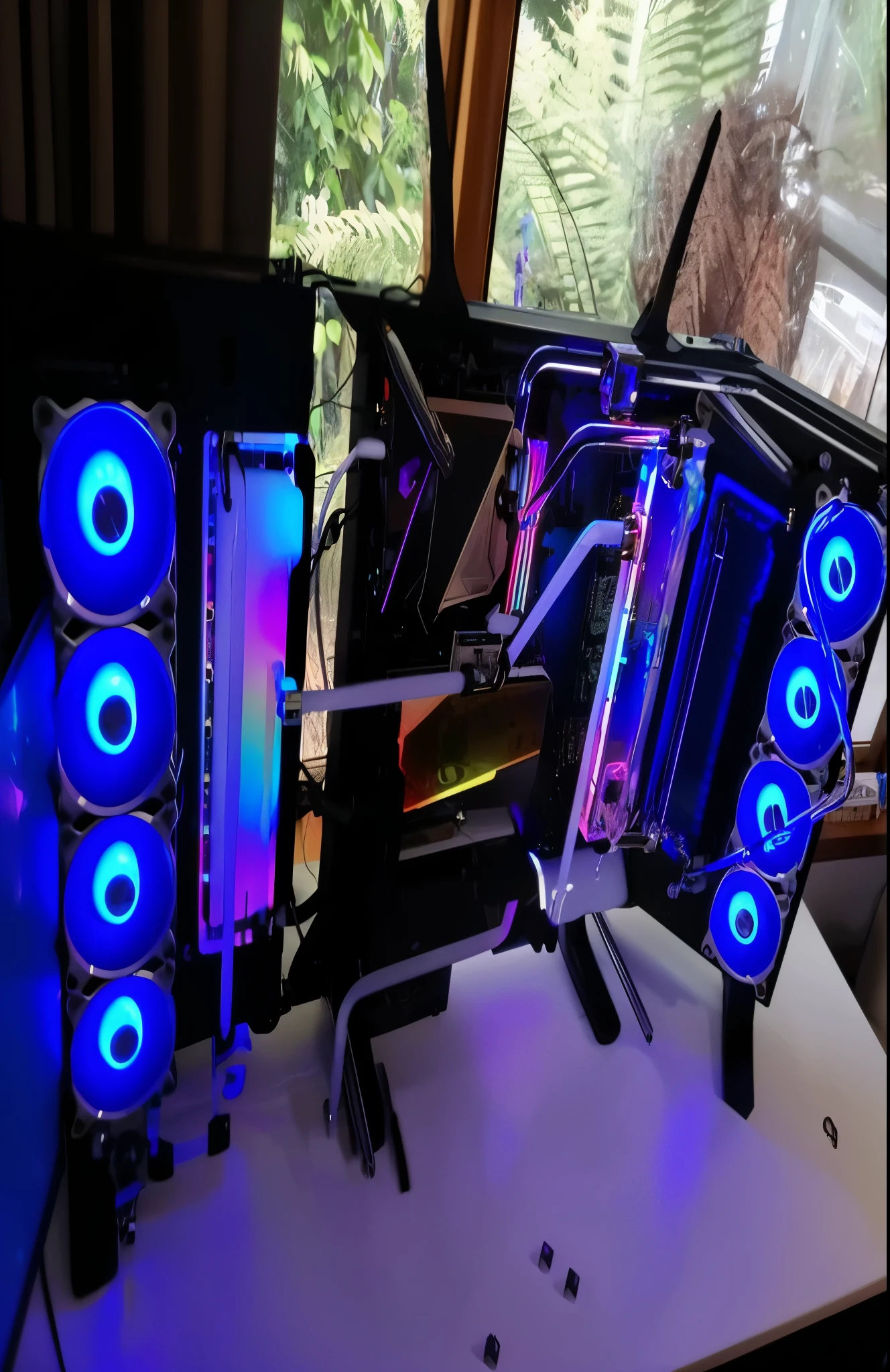 there are two computers on a table with blue lights, watercooling, water-cooled, liquid cooled desktop, liquid cooling, custom computer, satisfying cable management, 8k insane detail, liquid cooled, fractal design, glowing interior components, gaming pc case, glowing blue interior components, gaming pc, rgb ethereal lighting, gaming computers, thicc build, pc gaming