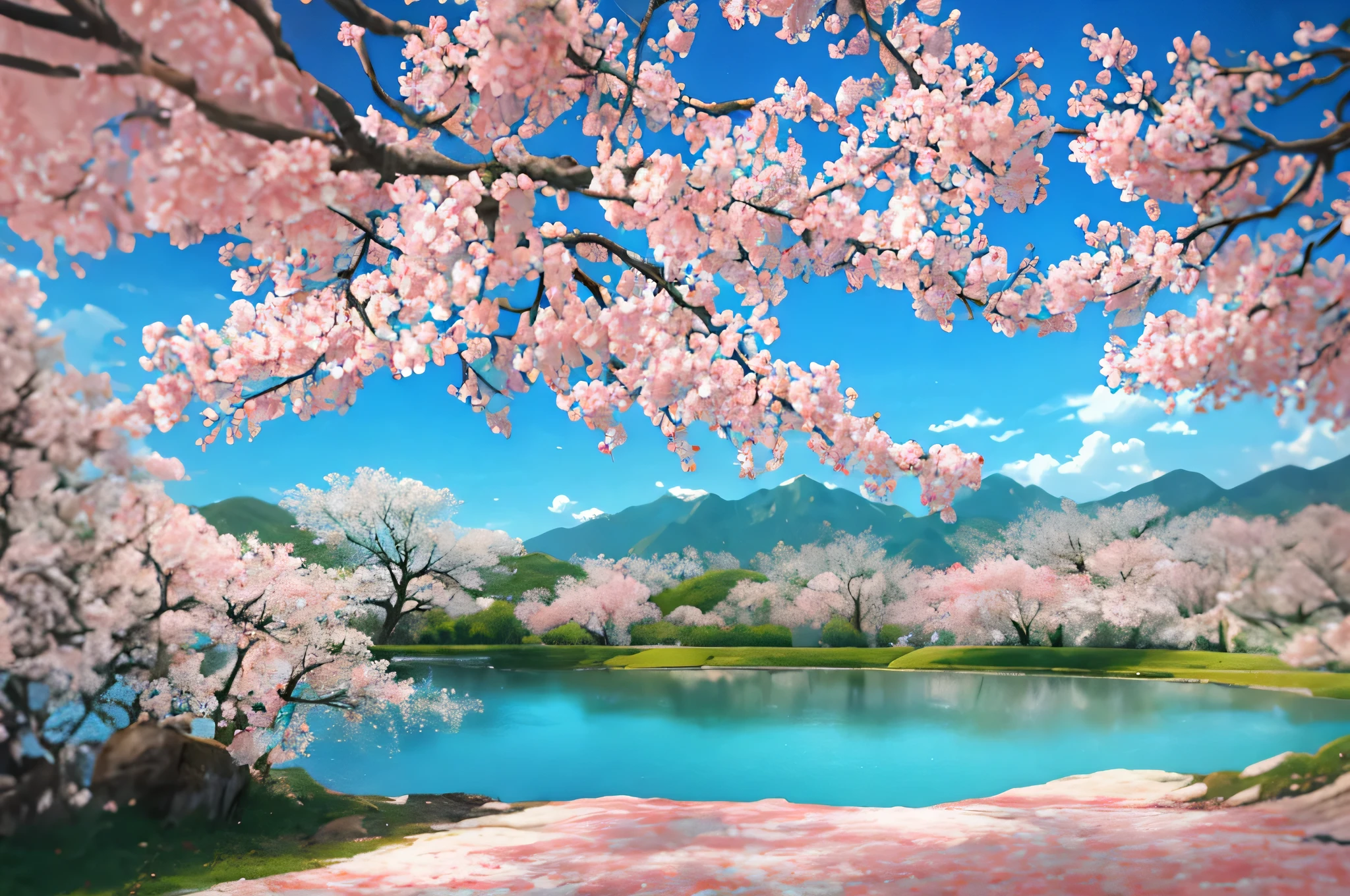 夏天，Clear lake water clouds blue sky，peach blossom，Peach tree，fresh flowers，high definition detail，电影灯光，gentlesoftlighting