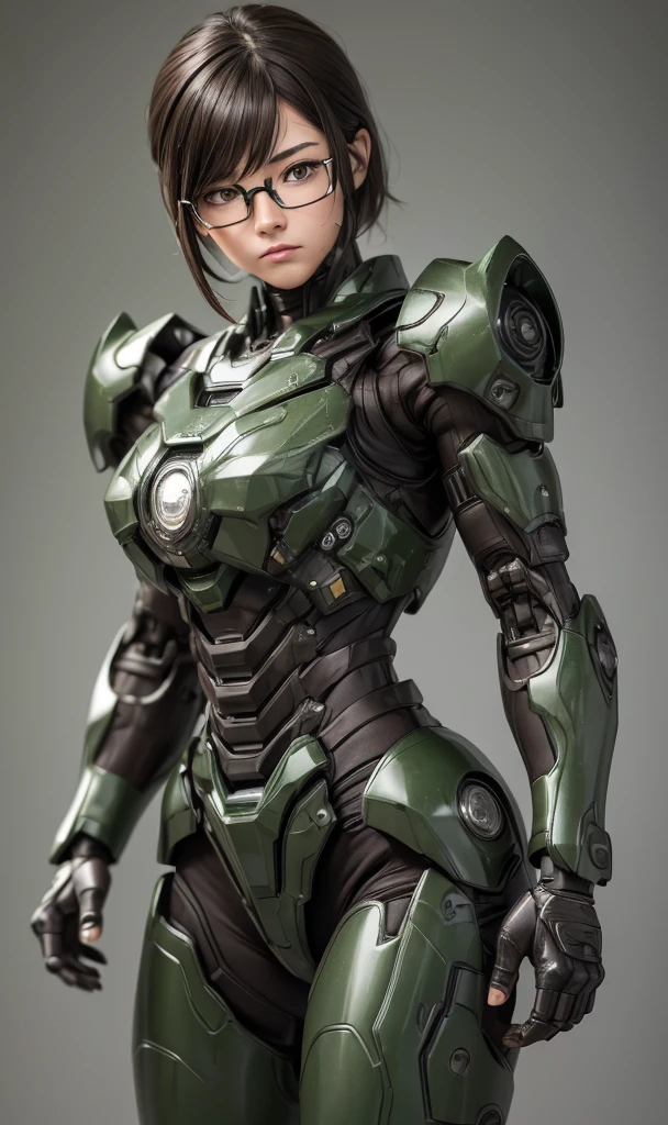 Textured skin, Super Detail, high details, High quality, Best Quality, hight resolution, 1080p, hard disk, Beautiful,(War Machine),beautiful cyborg woman,Dark Green Mecha Cyborg Girl,battleing,Girl with a Mecha Body,、Junior high school girls Very Shorthair、sweaty brown eyes、Sweaty face、Expression of distress Blushing cute little A dark-haired ((Steam from the head)) (Steam from the whole body)eye glasses Crouch down Spread your crotch M leg opening (Shyness)