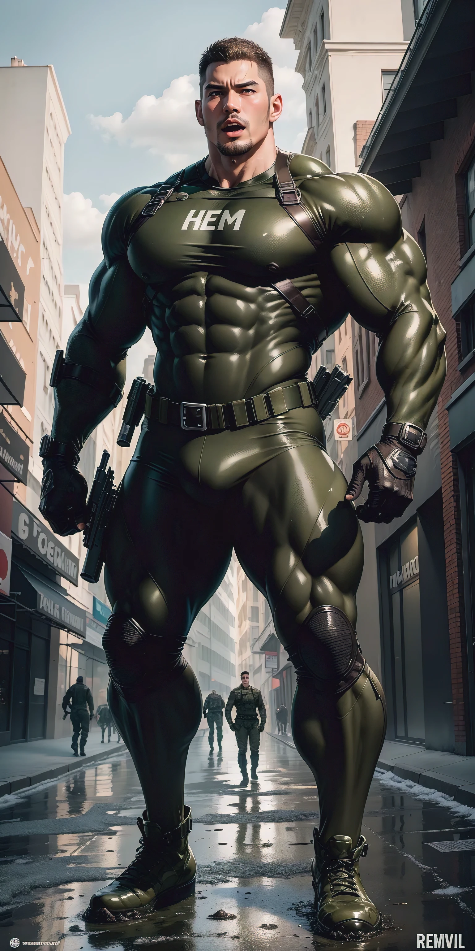 A tall, humongous large breast, Muscular man screaming with his mouth open.,Khaki camouflage uniform,character design(Resident Evil - Chris Redfield,Chris Redfield)Wearing a khaki camouflage wetsuit,Matte texture,Regular symmetrical texture pattern,Standing on the street with octopus tentacles, Lots of slime octopus and sludge,expression sad,Deep and charming eyes,The hero with emerald pupils,heroic masculine pose,Tall and burly,musculous!Charming leg muscles,tall, Burly, and strong, Wearing a khaki camouflage wetsuit, Super gain and cool, commission for high resolution, Big feet in black boots,Charming strong man,Bright sunlight shines on the body,Matte particles with shiny texture