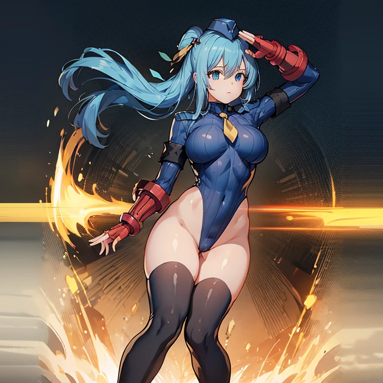ultra-detailed, Explicit, Beautiful body, Beautiful Nose, Beautiful character design, perfect eyes, perfect face, ultra highres, 4K, beautiful legs, perfect legs, Nice hands, Perfect hand, Masterpiece, Best Quality, Highly detailed, illustration, absurdres, street fighter, doll suit, shadaloo doll, dollsuit, expressionless, blank eyes, looking at viewer, red gloves, emotionless, black latex, corrution, mind control, female combatant, full body, hypnotized, unhappy trance, full body suit, ribbed bodysuit, both arms at side, obey, perfect female body, extremely glossy latex, hypnosis, hypnoLora, empty eyes, Mind control device, poses, submissive_pose, Slave, hat, necktie, stand up straight, standing, standing at attention, hat, necktie, belt, latex, ribbed bodysuit, thighhighs, garter belt, Fighting Stance, extending the right arm from the shoulder into the air with a straightened hand, nazi saluting, military, military saluting, salute, thigh boots, 1girl, Sicily von Claude (Sicily Wolford), Wise Man's Grandchild, blue hair, blue eyes, long hair