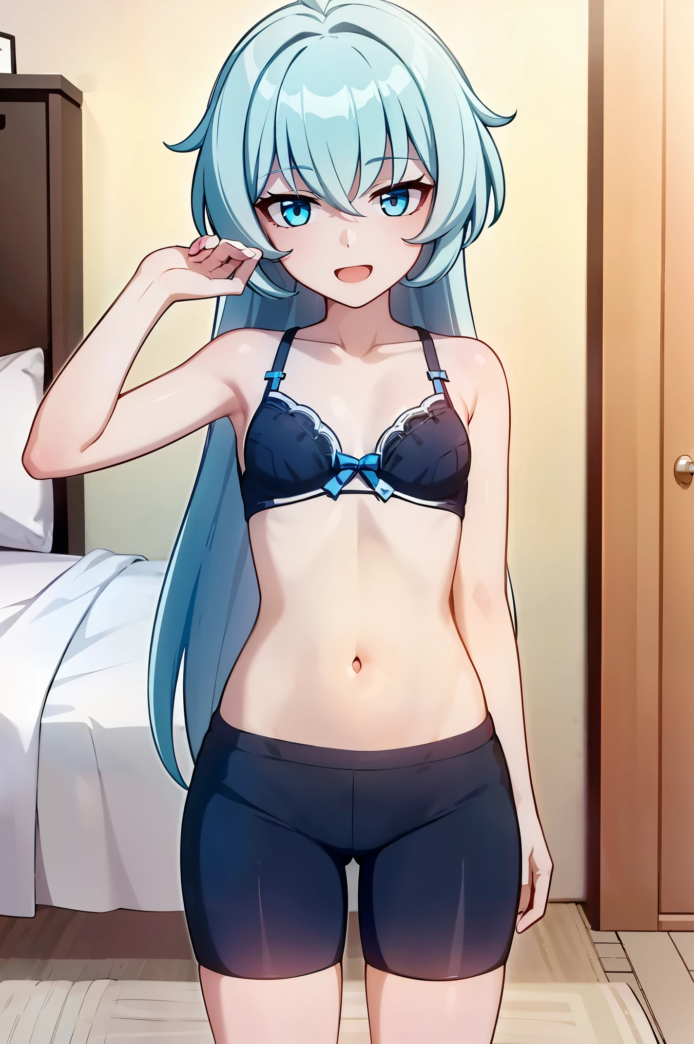 1 girl, best quality, ultra high res, long hair, blue hair, blue eyes, shigure kira, looking at viewers, small breast, standing, pov, slim body, loli body, small body, short body, smile, open mouth, bra, white bra, black bike shorts, bedroom, white bed sheets,