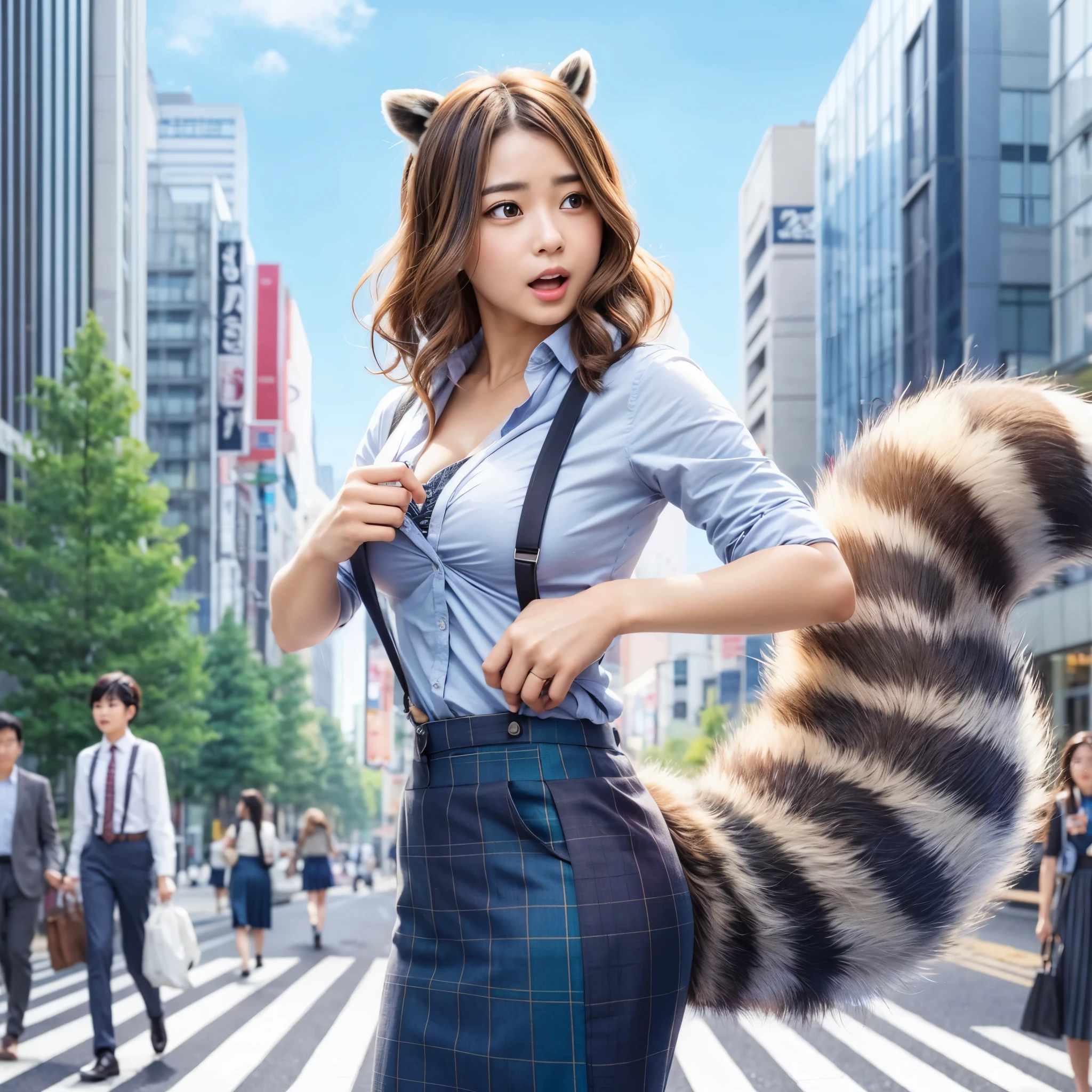 A woman wearing a checked pleated skirt with a raccoon tail attached, anthropomorphic raccoon, けもの, realistic, a picture, top-quality, Surprised face