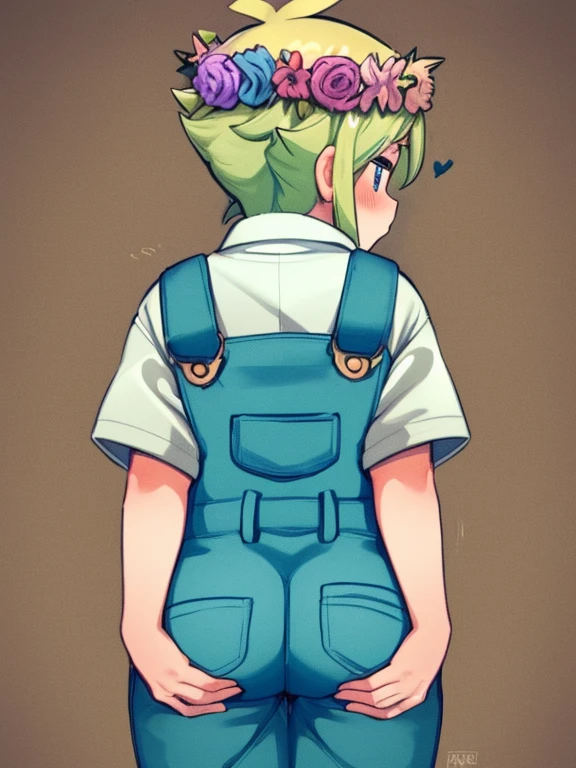 (best quality,4k,8k,highres,masterpiece:1.2),ultra-detailed,portraits,cute,blonde-haired boy with a head flower,green-haired boy with a head wreath, white shirt, overalls, from behind,plump ass,ass focus,exposing self,