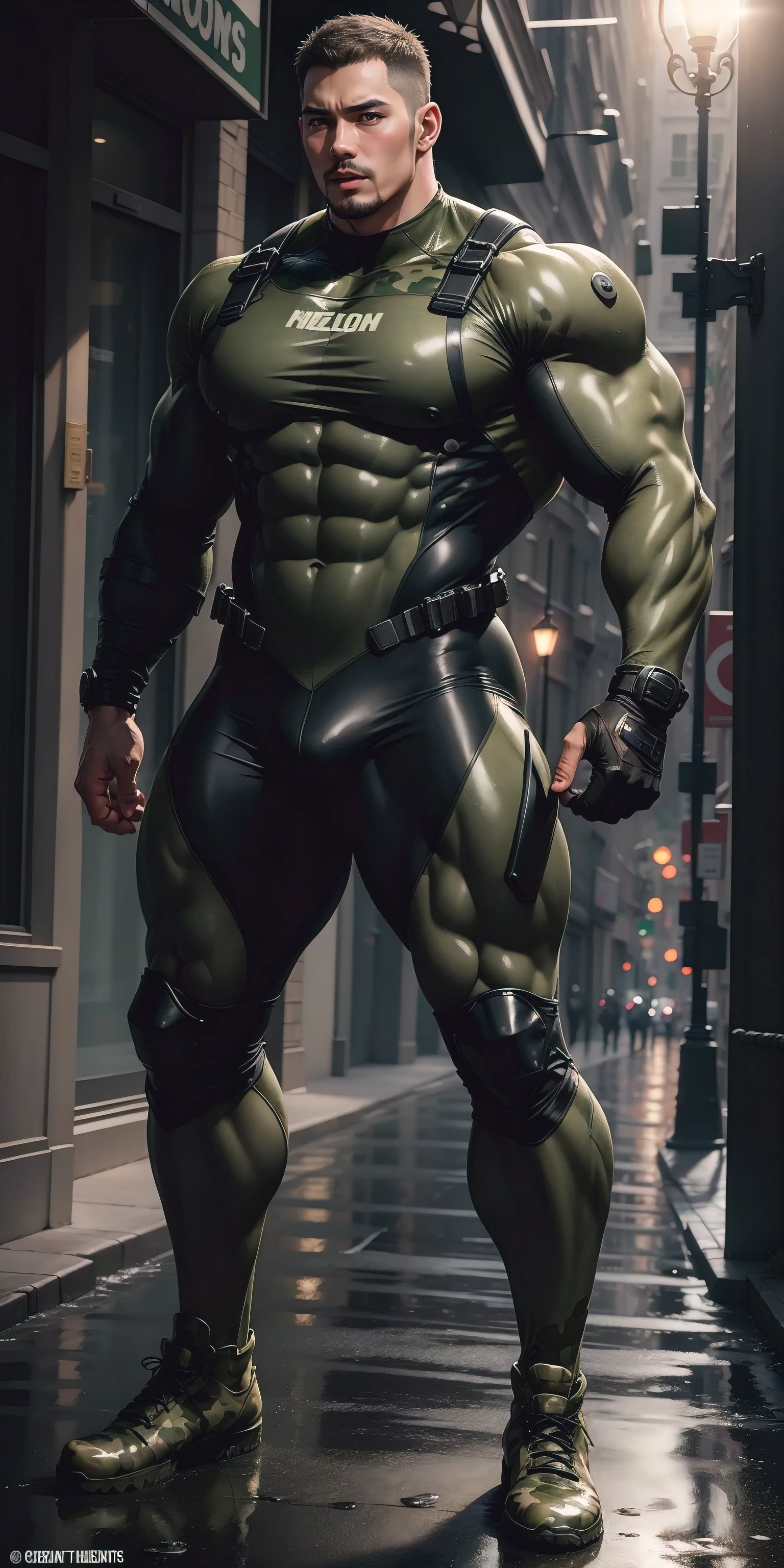 A tall, humongous large breast, Muscular man screaming with his mouth open.，Khaki camouflage uniform，character  design（Resident Evil - Chris Redfield，Chris Redfield）Wearing a khaki camouflage wetsuit，Matte texture，Regular symmetrical texture pattern，Standing on the street with octopus tentacles, Lots of slime octopus and sludge，expression sad，Deep and charming eyes，The hero with emerald pupils，heroic masculine pose，Tall and burly，musculous！Charming leg muscles，tall, Burly, and strong， Wearing a khaki camouflage wetsuit， Super gain and cool， commission for high resolution， Big feet in black boots，Charming strong man，Bright sunlight shines on the body，Matte particles with shiny texture