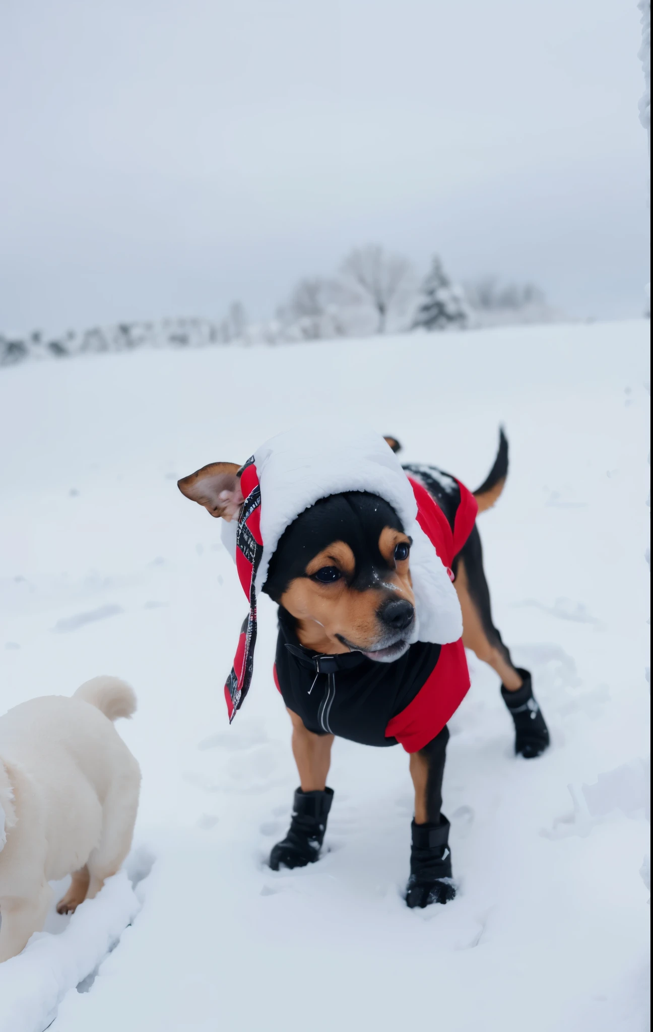 there is a small dog wearing a hat and boots in the snow, in the snow, cold as ! 🧊, covered in snow, cold weather, standing in the snow, cold snow outside, chilly, by Emma Andijewska, in snow, in the winter, covered in , only snow in the background, aww, small dog, extreme cold