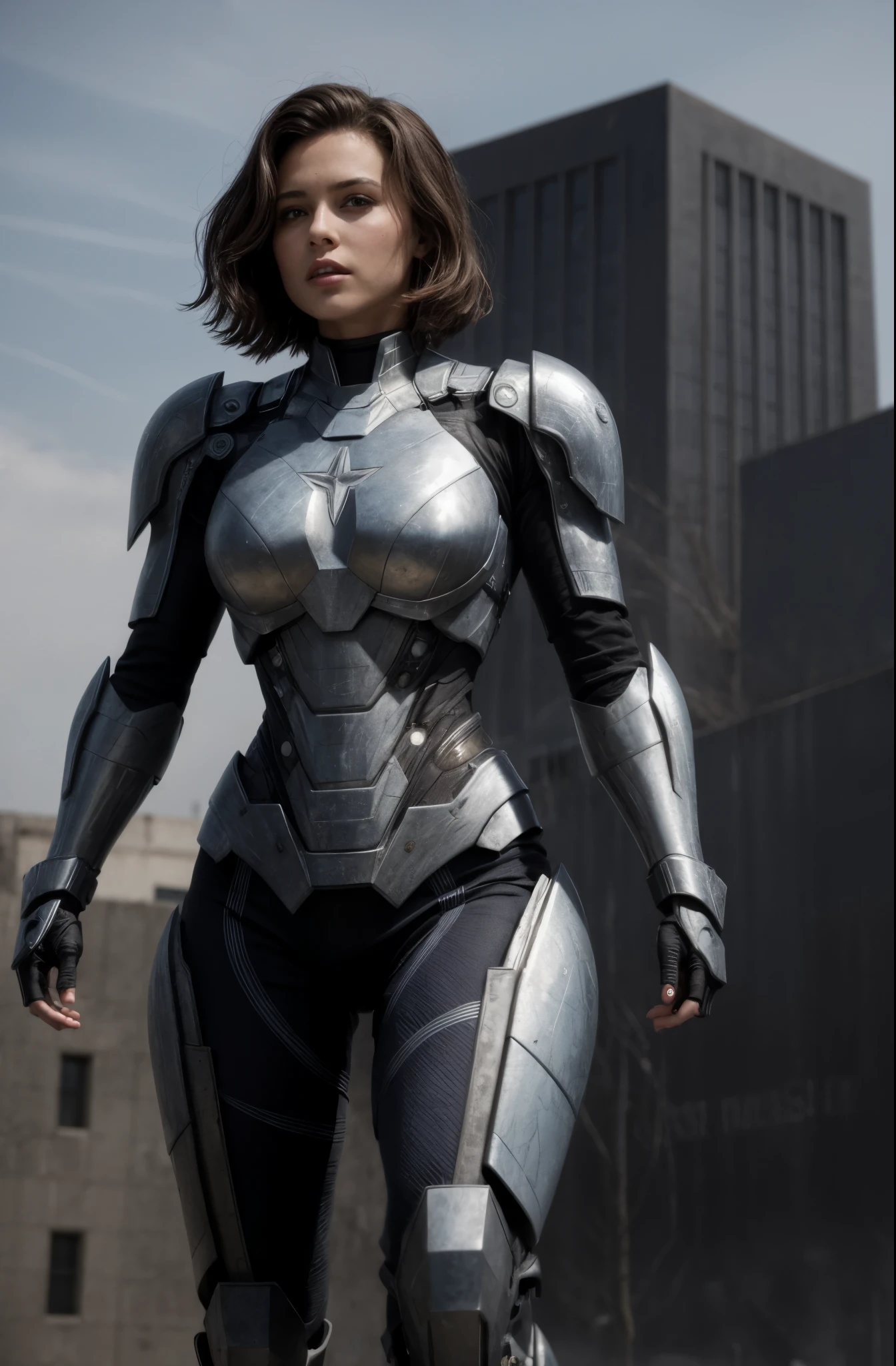 A picture of a busty female war machine from marvel, BREAK, (blue metallic armor) textures, short brunette bob hair, in front of the pentagon office, masterpiece, soft lighting and ambience