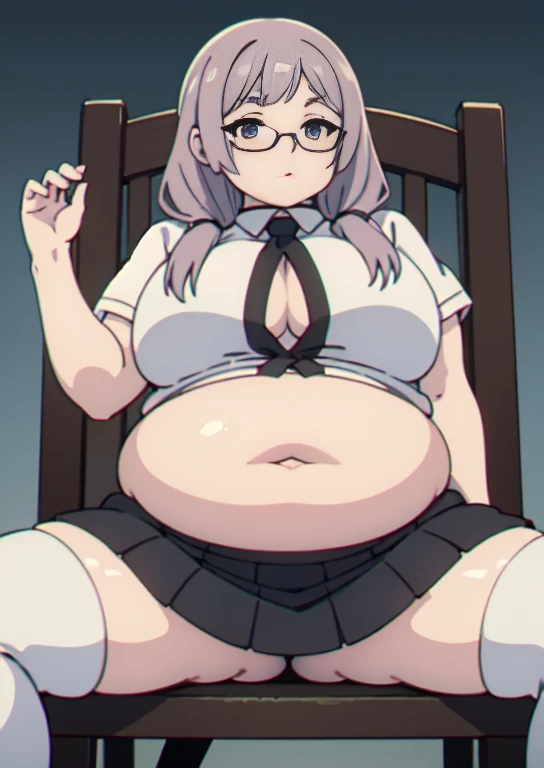 (masterpiece, best quality), 1girls, big belly, blurry background, huge belly, art by kipteitei, round belly, chubby, curvy, white button-up shirt, skirt, thighhighs, simple_background, gradient_background, belly bursting out of shirt, belly grab, enormous belly, fat belly, thicc, bigger belly, sitting on chair, really big belly, jiggly belly, shirt covering belly, belly cover by shirt, glasses