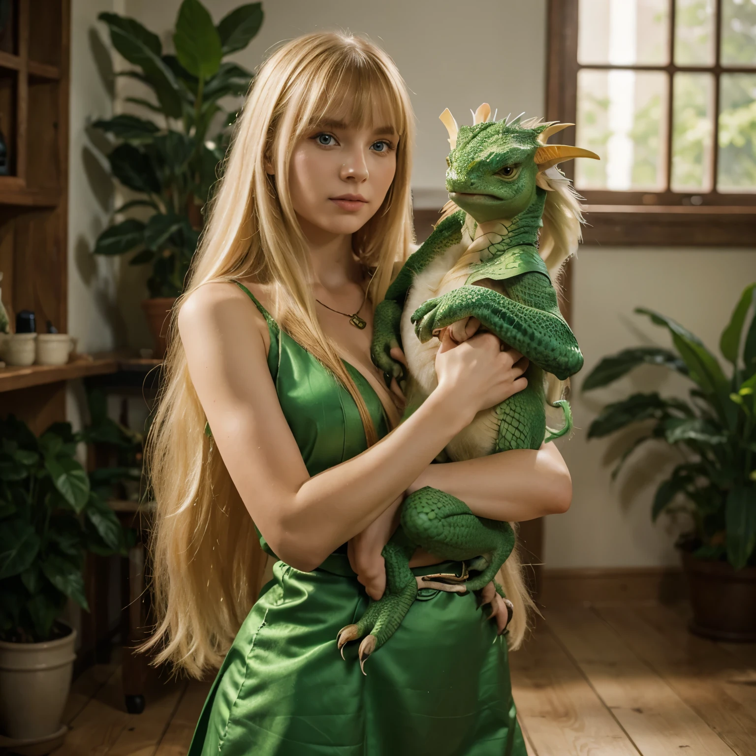 A beautiful girl of Slavic appearance with long blond hair and bangs holds a small green dragon in her arms, super quality, higly detailed