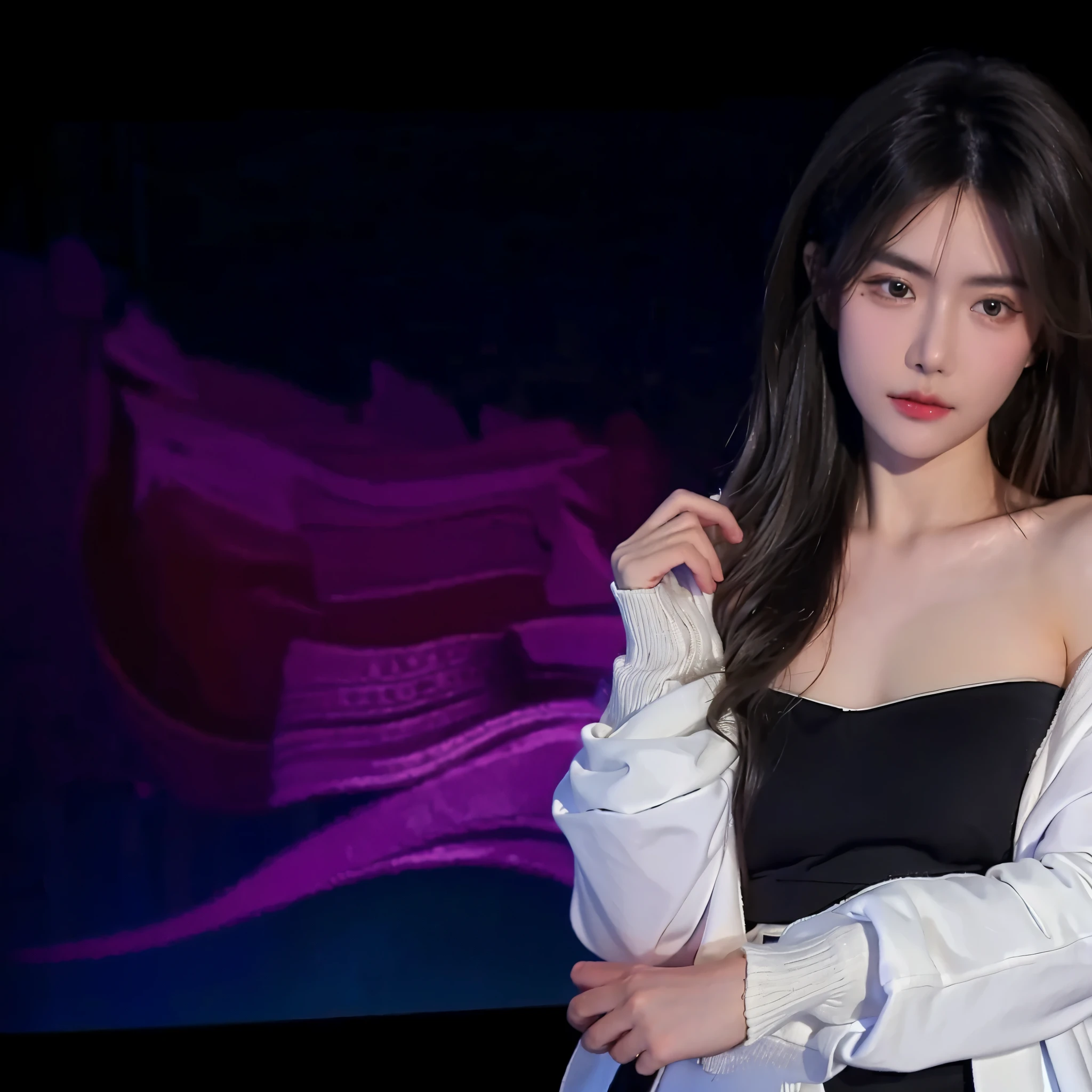 （There was a woman about 20 years old who raised her hands：1.6）, (Wearing a white cardigan:1.4),(Black bandeau dress:1.5),fine skin,(cabelos preto e longos:1.35)，Purple and blue background purple like water flow，tmasterpiece,Best quality,girl,sweetheart,A high resolution,(sporty attire:1.25)，photore，actual,RAWphotore，(8K:1.25)，