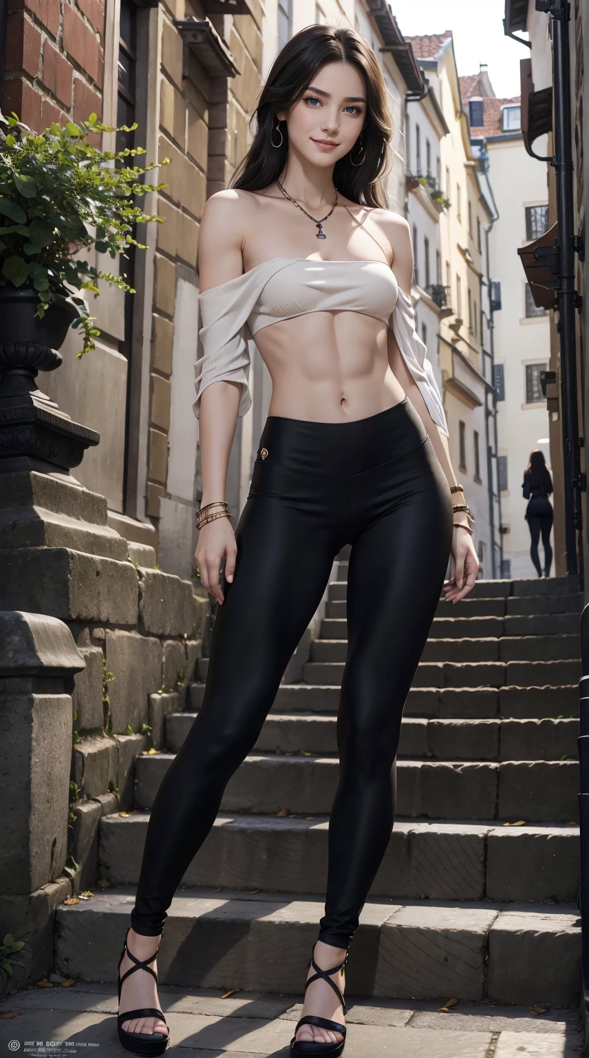 24-year-old Caucasian woman、Hair is brunette、Eye color is blue、Semi-long、Slender but well-proportioned muscular man、My abs are cracked、The belly button is out、a smile、I&#39;m wearing a necklace、accessories on wrist、Wearing off-shoulder tops、I&#39;m wearing leggings、I'm wearing pin heels、I&#39;m on a stone staircase halfway down the cobblestone streets of the old town.、a smile