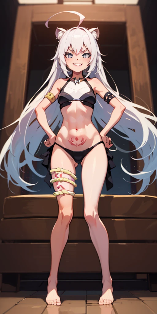 (Best quality, 4k, Masterpiece :1.3) 1girl, long hair, pc_chan, chibi:1.5, silver hair, purple eyes, dark skin, white background, (full body:1.2), (mischievous:1.2), body standing symmetrical beautiful woman, hyper realistic, 1girl, yellow tiger bikini, barefoot, inside bedframe, perfect body, pose, (tatto:1),red slave tatto in stomach, ((1girl:1)), full body, dark skin, human, ((full_body)) from below, 1girl, laughing, Girl, A half body, Dilated yin, Be red in the face