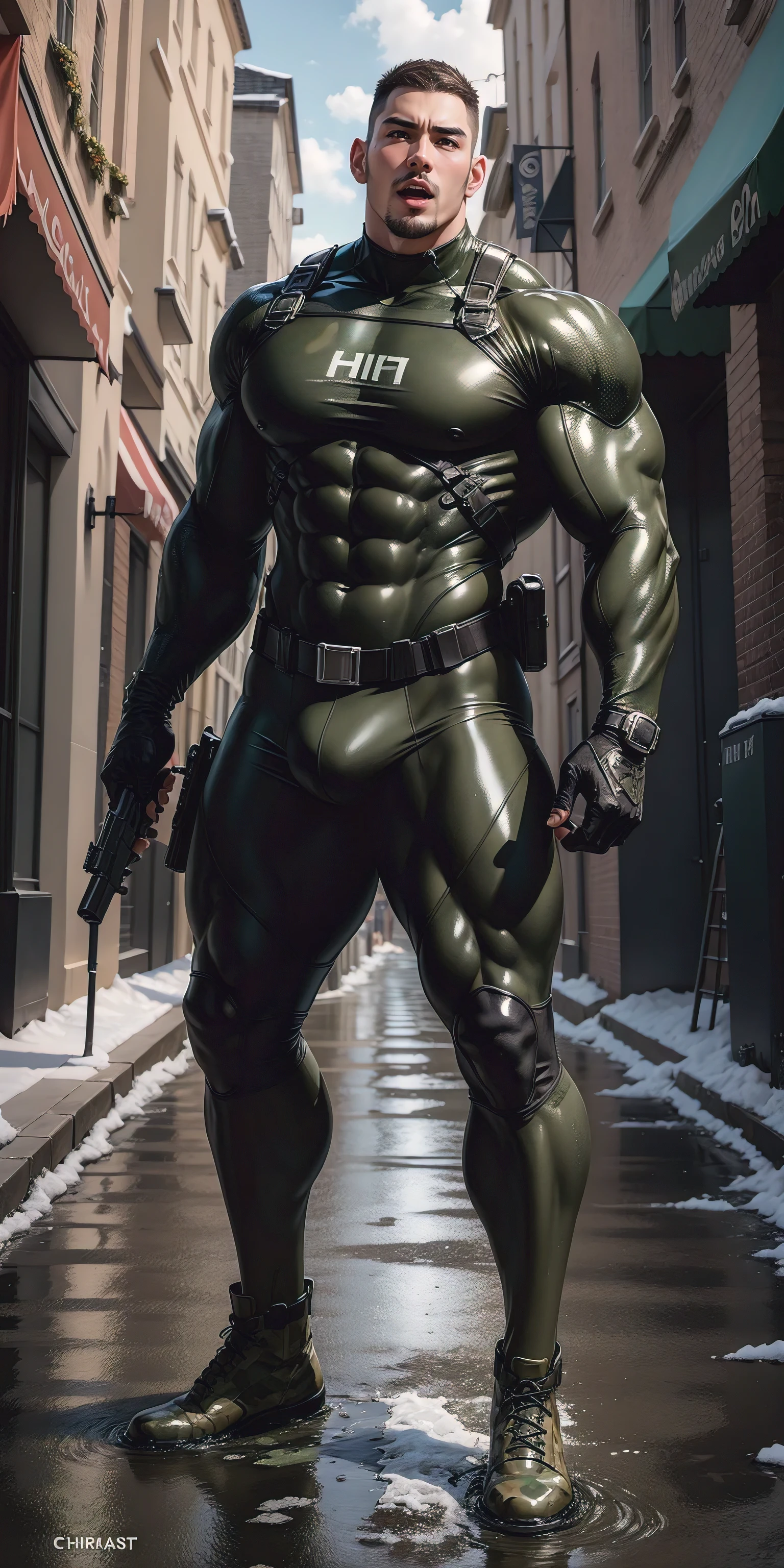 A tall, humongous large breast, Muscular man screaming with his mouth open.,Khaki camouflage uniform,character design(Resident Evil - Chris Redfield,Chris Redfield)buzz clip,Wearing a khaki camouflage wetsuit,Matte texture,Regular symmetrical texture pattern,Standing on the street with octopus tentacles, Lots of slime octopus and sludge,expression sad,Deep and charming eyes,The hero with emerald pupils,heroic masculine pose,Tall and burly,musculous!Charming leg muscles,tall, Burly, and strong, Wearing a khaki camouflage wetsuit, Super gain and cool, commission for high resolution, Big feet in black boots,Charming strong man,Bright sunlight shines on the body,Matte particles with shiny texture