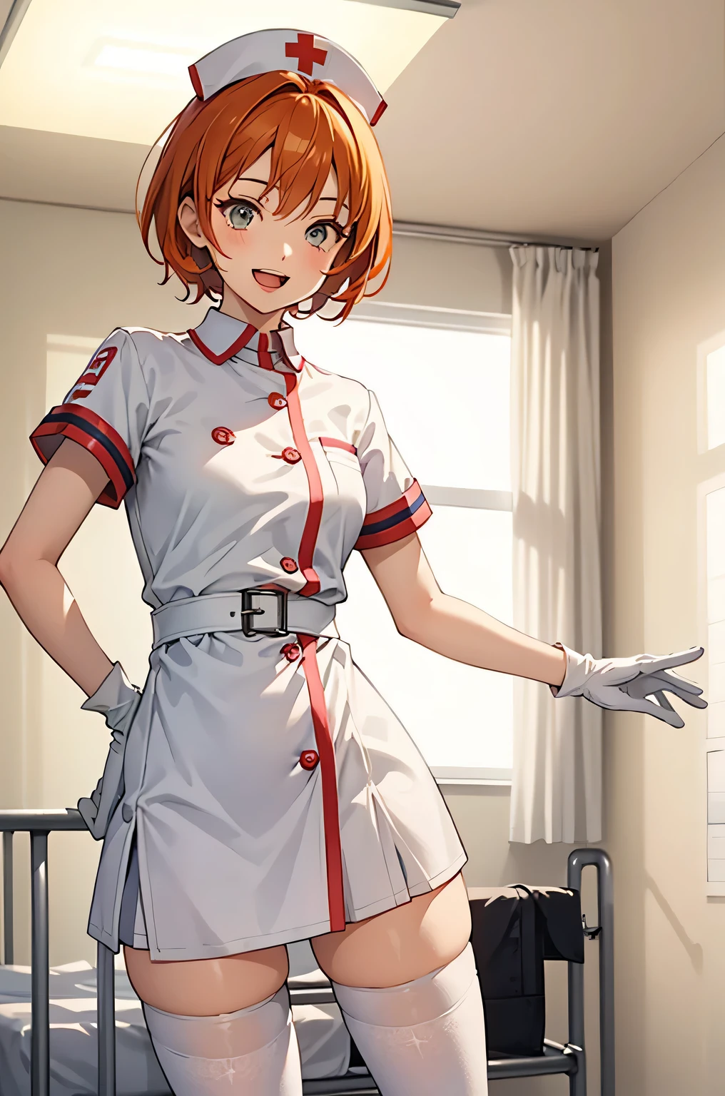1girl, solo, nurse, nurse cap, white wear, ((white legwear, zettai ryouiki)), white gloves, very short hair, orange hair, smile, open mouth, standing, ((hospital room)), sharp outline, short sleeves, tomboy, boyish, best quality, masterpiece