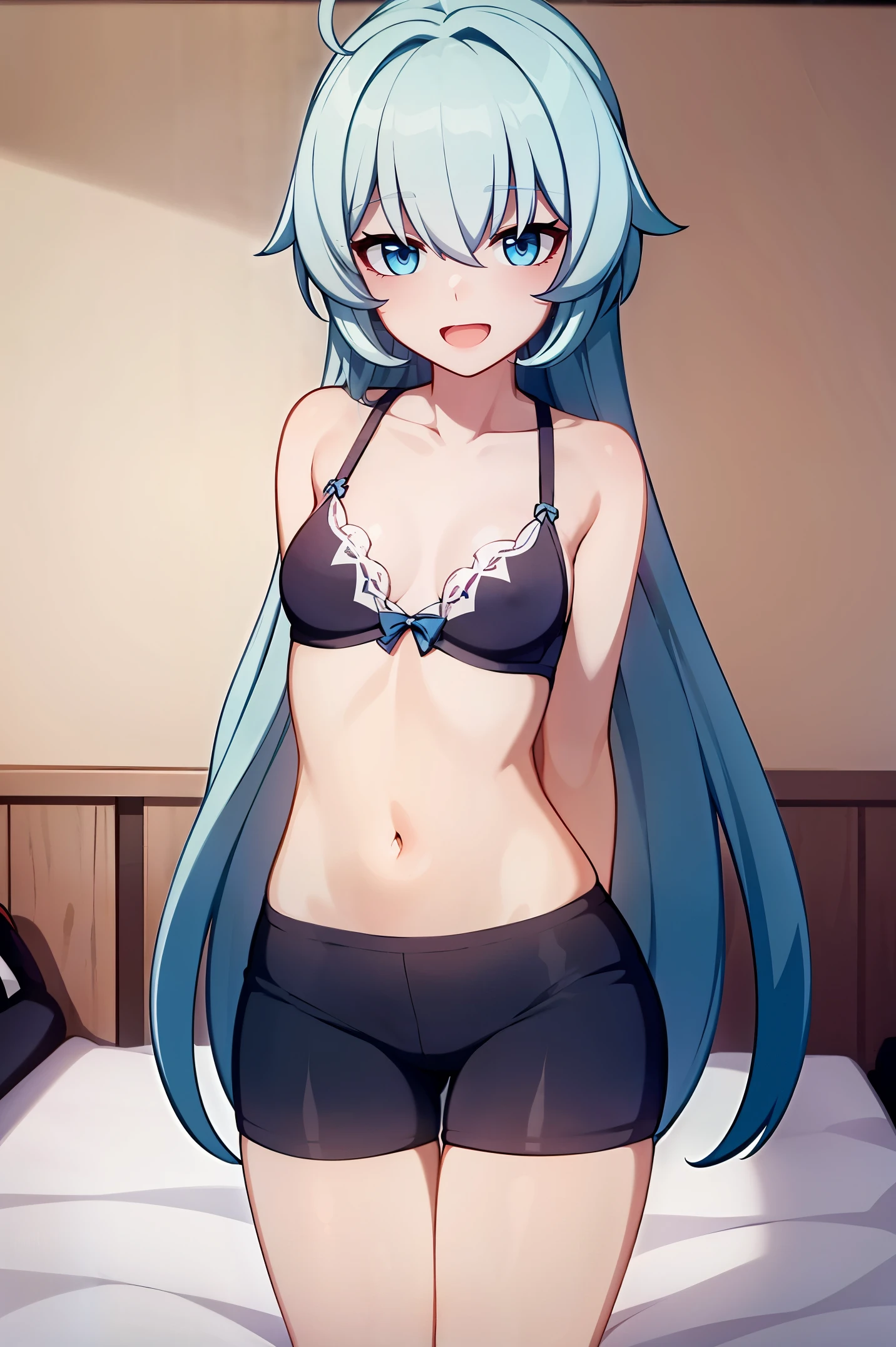 1 girl, best quality, ultra high res, long hair, blue hair, blue eyes, shigure kira, looking at viewers, small breast, standing, pov, slim body, loli body, small body, short body, smile, open mouth, bra, white bra, black bike shorts, bedroom, white bed sheets,