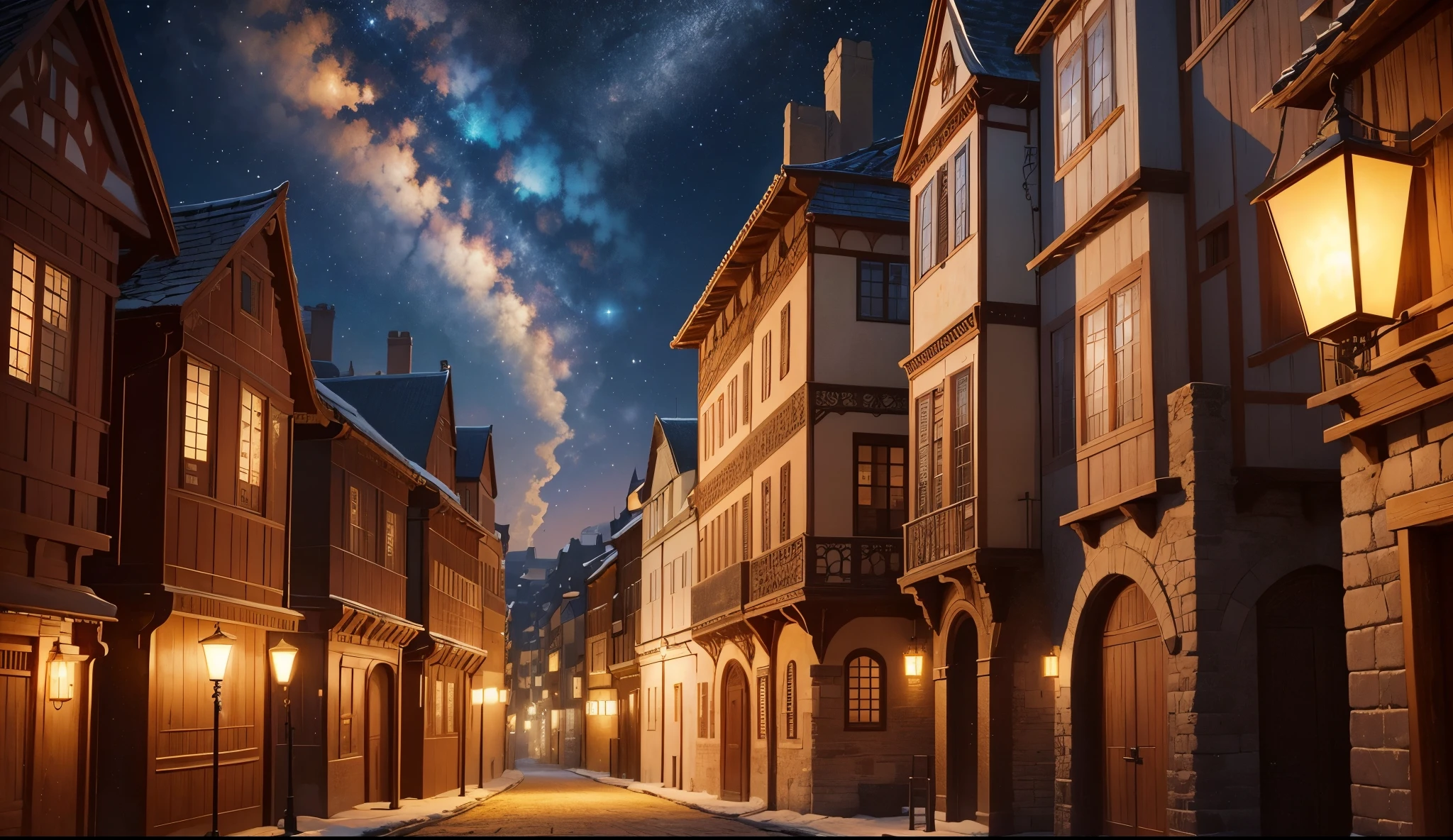 Made entirely of buildings,tmasterpiece, quality, Best quality at best, offcial art, Beautiful and beautiful:1.2, extremely detaile, (s fractal art:1.3) Western European medieval style的街道, Medieval style port streets,meteors,Port under the stars,Western European medieval style,远处的meteors天空,
