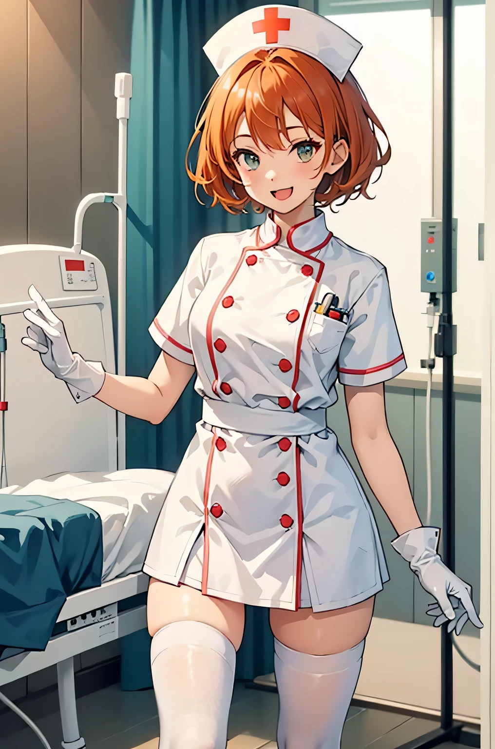 1girl, solo, nurse, nurse cap, white wear, ((white legwear, zettai ryouiki)), white gloves, very short hair, orange hair, smile, open mouth, standing, ((hospital room)), sharp outline, short sleeves, tomboy, boyish, best quality, masterpiece