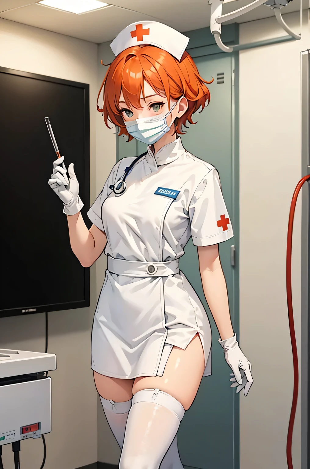 1girl, solo, nurse, nurse cap, white wear, ((white legwear, zettai ryouiki)), white gloves, very short hair, orange hair, ((white surgical mask, covered nose)), standing, ((hospital room)), sharp outline, short sleeves, tomboy, boyish, best quality, masterpiece