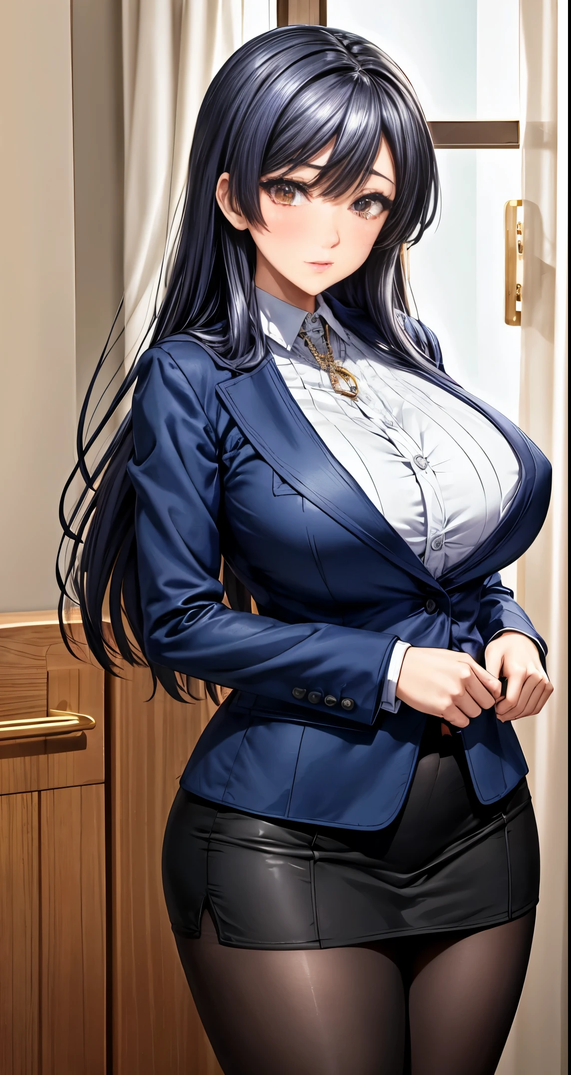 wedding ring on Left ring finger,long hair, big breasts,,Very embarrassing、Teary-eyed、black hair,beautiful face, blush,beautiful eyes,28years old,milf,（purple panties exposed:5.8）、nsfw、red blush、
BREAK
Office, black tights,break,Tailored jacket, pencibutton-down shirt, 
break
Masterpiece, best quality, ultra-detailed, HIGH RESOLUTION, ultra-high definition CG,attractive eyes,eyelashes,round eyes,jewelry eyes,twinkle eyes,slanted eyes, eyesight, long eyelashes, eye highlights,
BREAK,look at viewer,Transparent of light, diffraction of light,Anime, best quality, masterpiece, high quality, high resolution, detailed,
break
(wide hip:1.1),perfect hand&#39;s ,perfect fingers