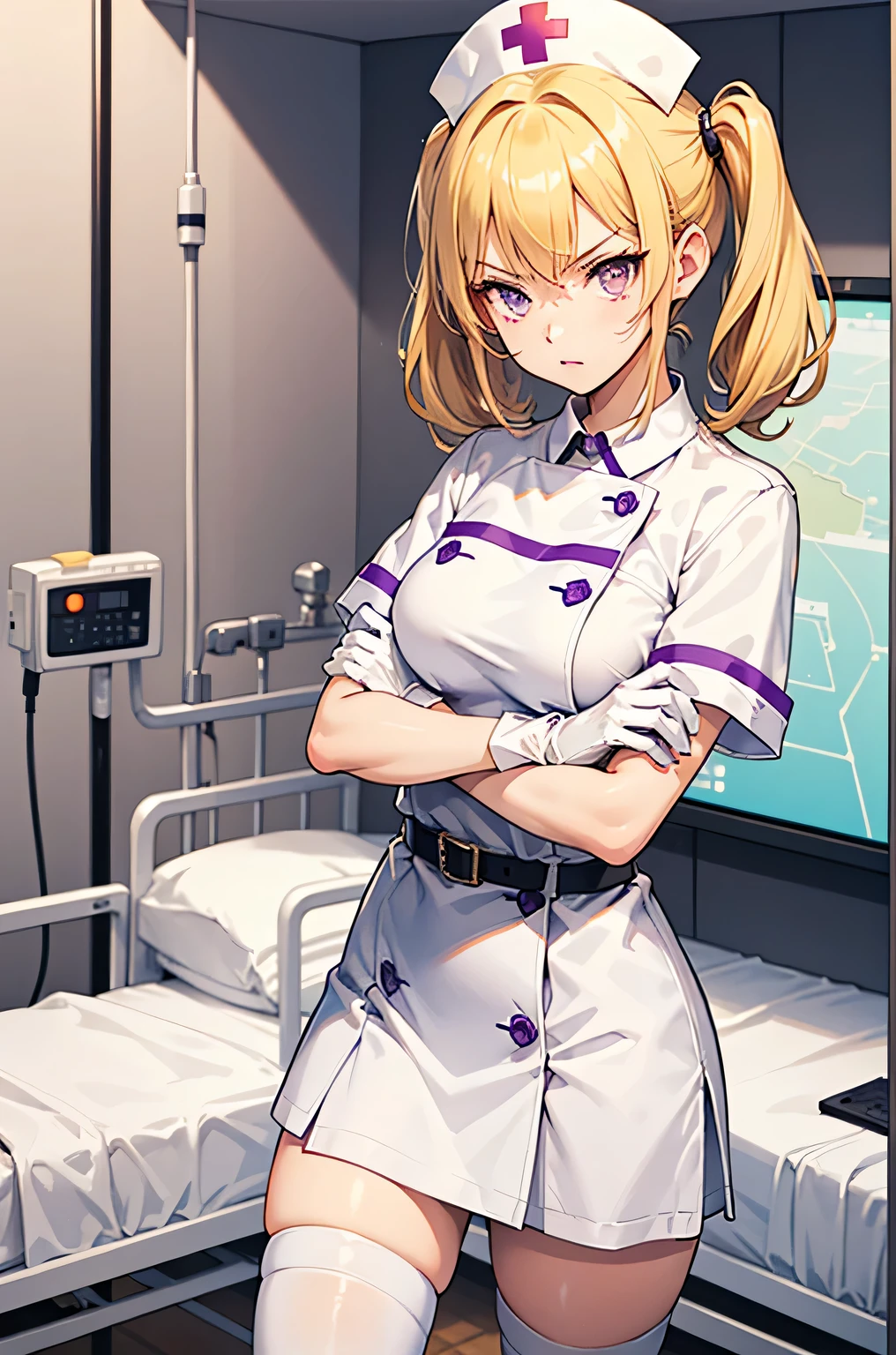 1girl, solo, nurse, nurse cap, white wear, ((white legwear, zettai ryouiki)), white gloves, twintails, yellow hair, purple eyes, angry, crossed arms, standing, ((hospital room)), sharp outline, short sleeves, best quality, masterpiece