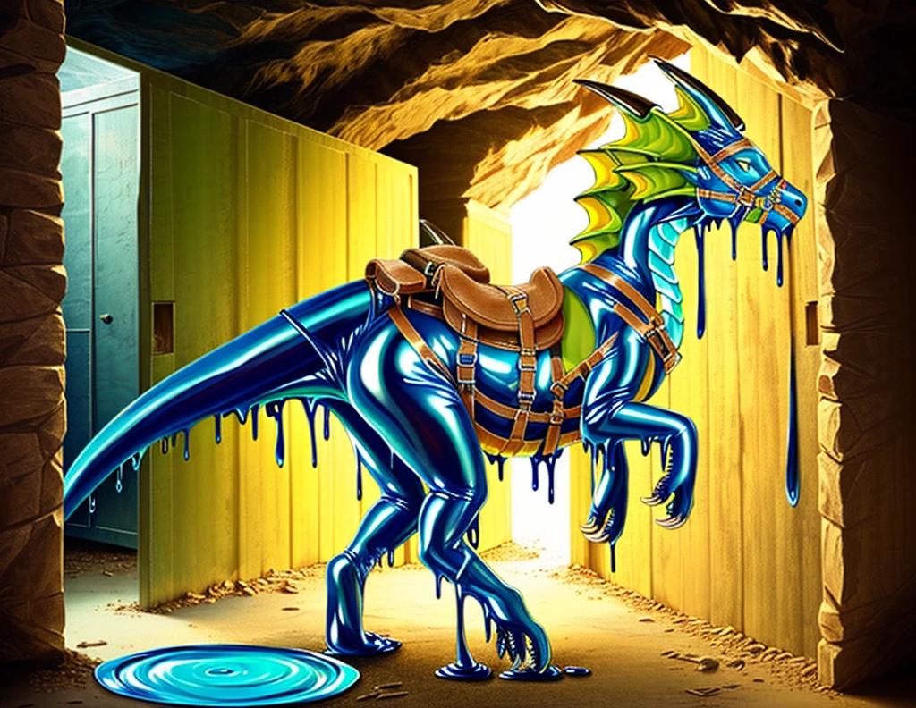 a photorealistic HD cg closeup render of a woman morphing into a latex dragon as a cursed dragon tack wraps around her body, cyan and white with spearmint accents, human latex dragon hybrid, wearing dragon's saddle, harness, bridle, and mithril plate armor, inside abandoned stall in subterranean dragon aerie cave, heavy armor, human morphing into latex rubber goo dragon, latex goo coating