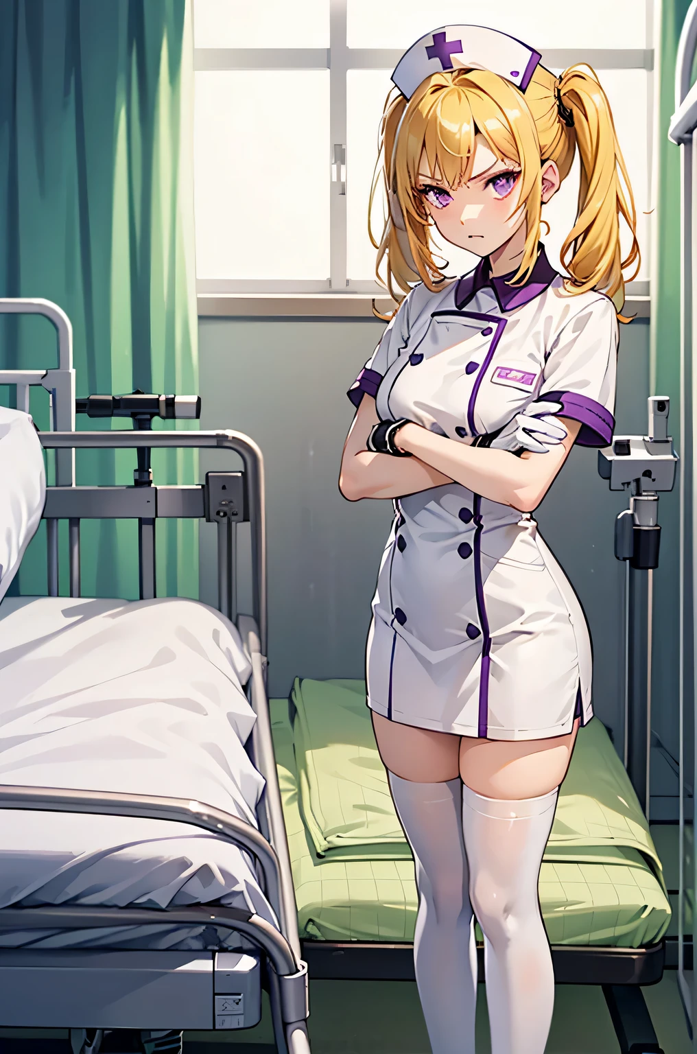 1girl, solo, nurse, nurse cap, white wear, ((white legwear, zettai ryouiki)), white gloves, twintails, yellow hair, purple eyes, angry, crossed arms, standing, ((hospital room)), sharp outline, short sleeves, best quality, masterpiece