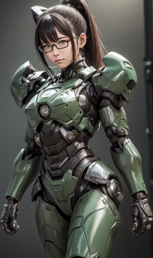 Textured skin, Super Detail, high details, High quality, Best Quality, hight resolution, 1080p, hard disk, Beautiful,(War Machine),beautiful cyborg woman,Dark Green Mecha Cyborg Girl,battleing,Girl with a Mecha Body,、Plain junior high school girl　poneyTail、sweaty brown eyes、Sweaty face、Expression of distress　Blushing　cute little　A dark-haired　((Steam from the head)) (Steam from the whole body)eye glasses　Crouch down　Spread your crotch　M leg opening　lyin in bed　(Shyness)