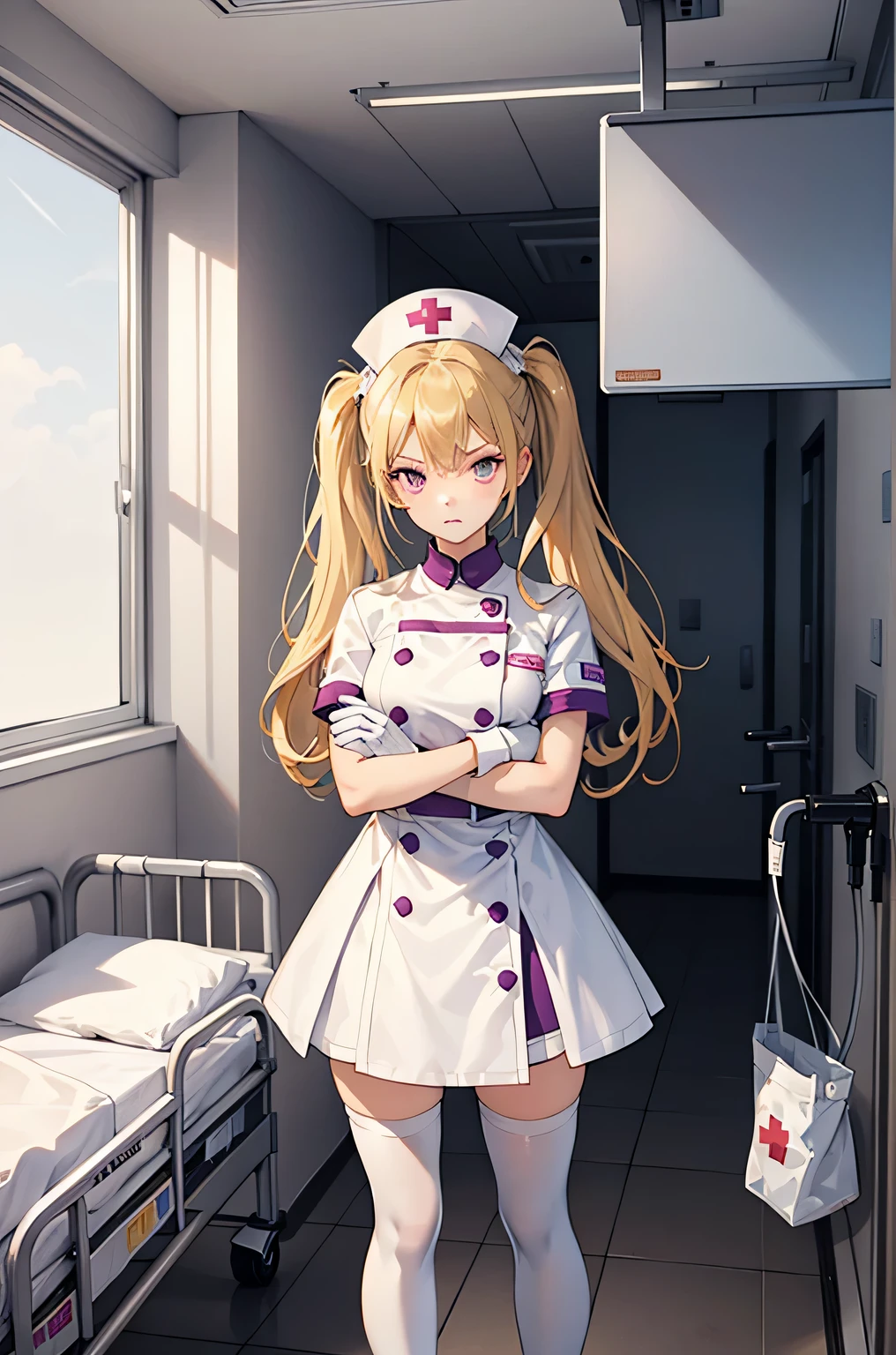 1girl, solo, nurse, nurse cap, white wear, ((white legwear, zettai ryouiki)), white gloves, twintails, yellow hair, purple eyes, angry, crossed arms, standing, ((hospital room)), sharp outline, short sleeves, best quality, masterpiece