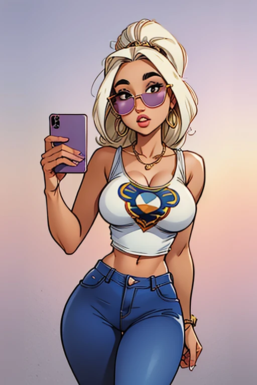 a woman wearing a tampo branco and jeans posing for a selfie, usando um top cropped sexy, tampo branco, tampo de cabresto branco, Mia califa, with sunglasses, olivia culpo, Modelo do Instagram, em camisa branca de gola alta, 2 Modelo feminina de 4 anos, olhar sexy, Kylie Jenner, topo de corte, , Mia Kischner, usando um top bonito