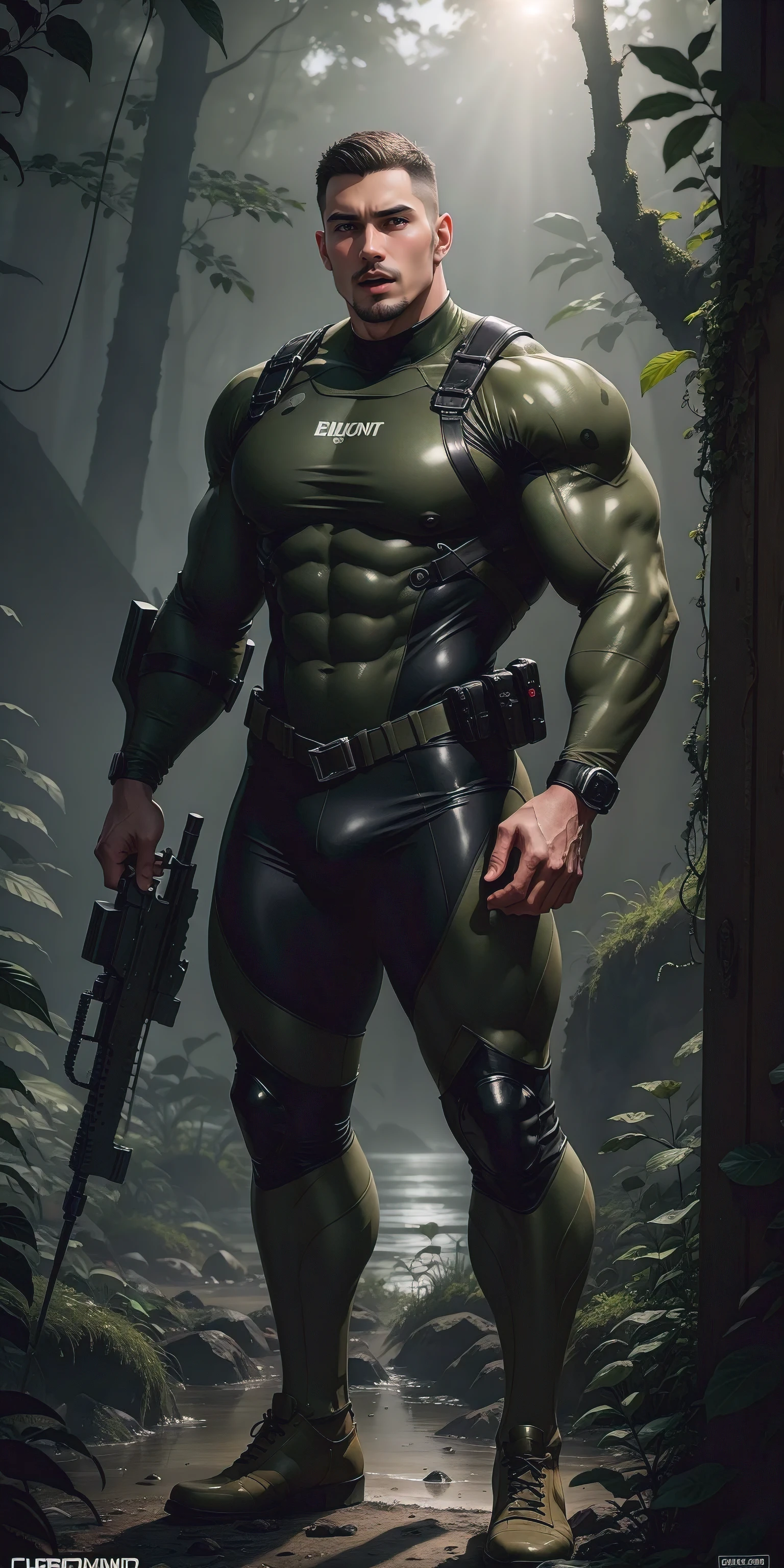 A tall, humongous large breast, Muscular man screaming with his mouth open.,Khaki camouflage uniform,character design(Resident Evil - Chris Redfield,Chris Redfield)buzz clip,Wearing a khaki camouflage wetsuit,Matte texture,Regular symmetrical texture pattern,Standing in a weird jungle of tentacles, Lots of slime octopus and sludge,expression sad,Deep and charming eyes,The hero with emerald pupils,heroic masculine pose,Tall and burly,musculous!Charming leg muscles,tall, Burly, and strong, Wearing a khaki camouflage wetsuit, Super gain and cool, commission for high resolution, Big feet in black boots,Charming strong man,Bright sunlight shines on the body,Matte particles with shiny texture